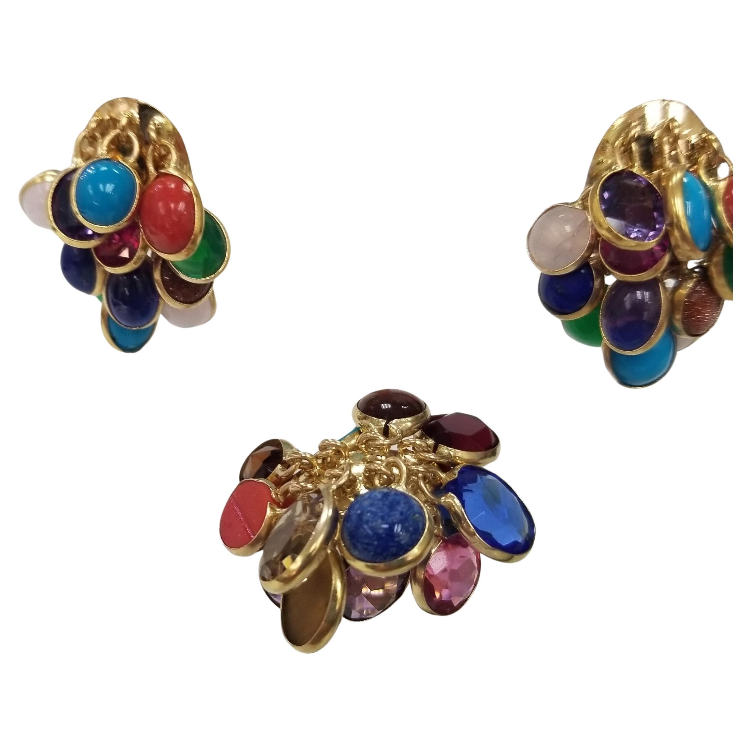 14k Yellow Gold Multi-Colored Gemstone Ring and Matching Earrings  For Sale