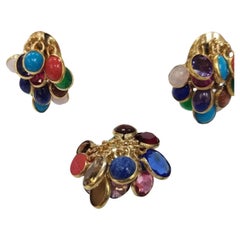 Retro 14k Yellow Gold Multi-Colored Gemstone Ring and Matching Earrings 