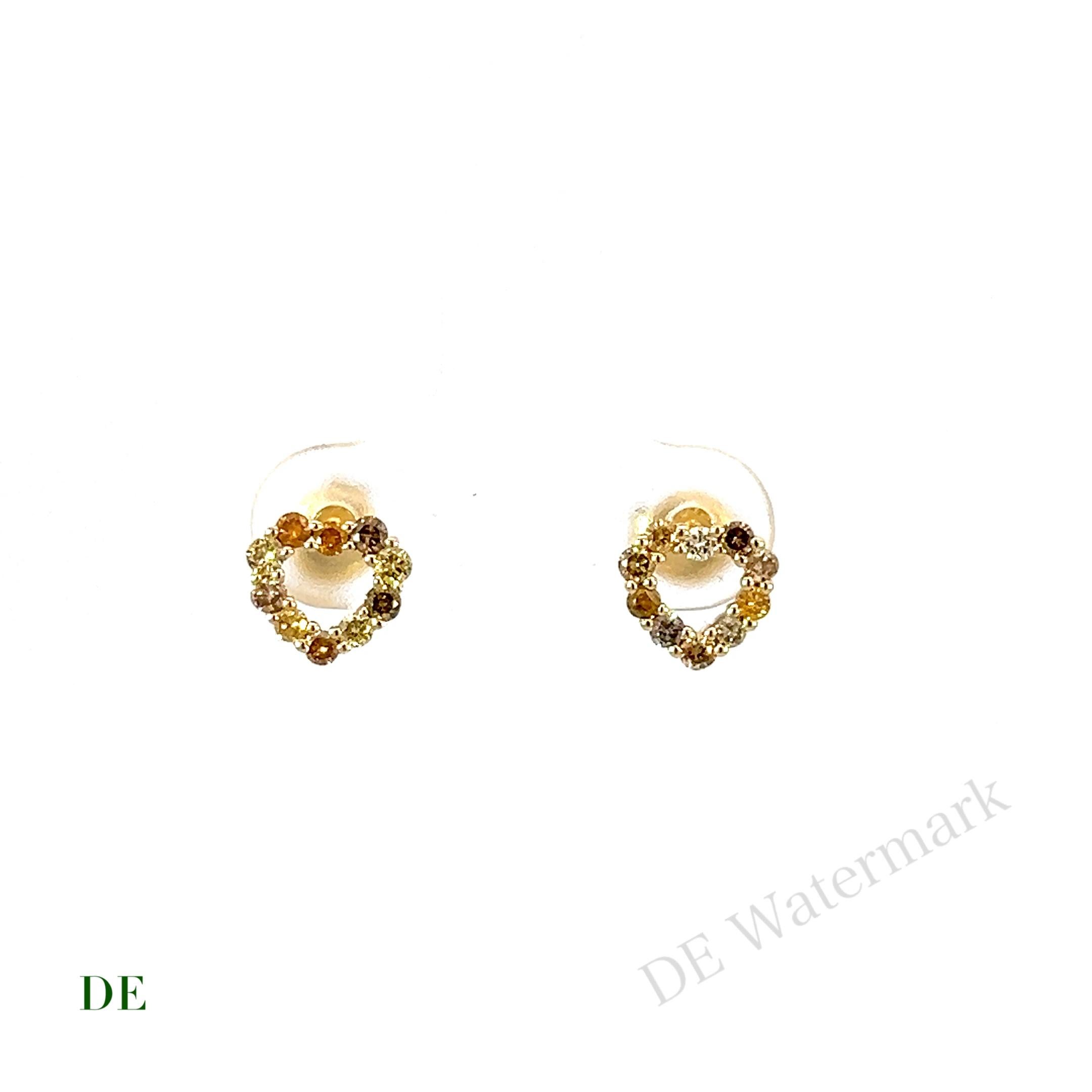Women's or Men's 14k Yellow Gold Multi Fancy Color .4 Carat Diamond Heart Earring Stud For Sale