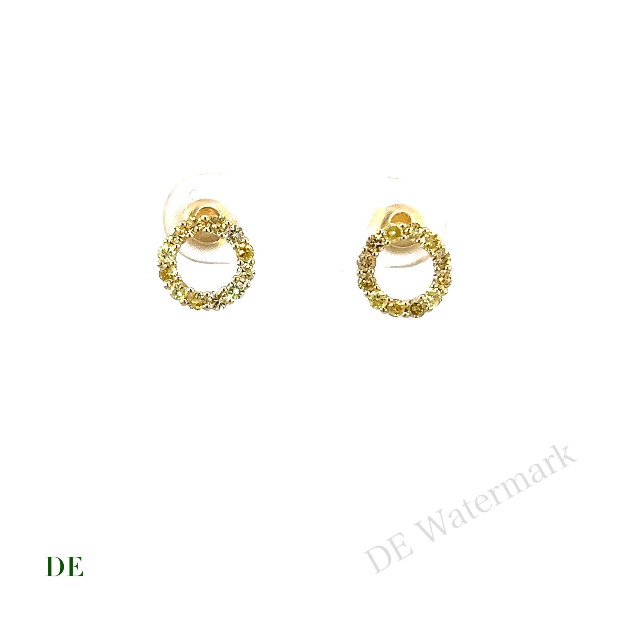 Women's or Men's 14k Yellow Gold Multi Fancy Vivid Yellow .48 Carat Diamond Round Earring Stud For Sale