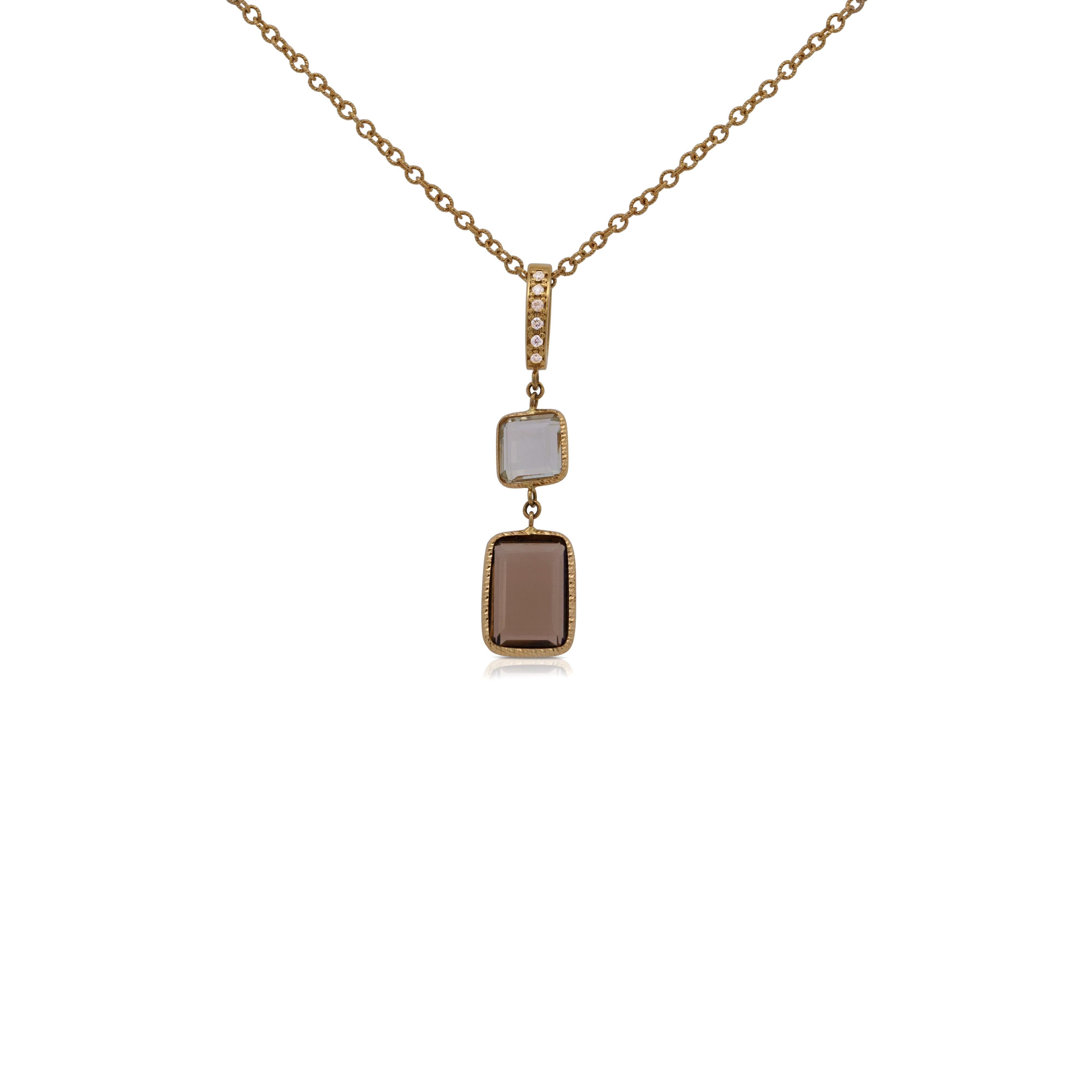 Taglio rotondo Collana a due pietre in oro giallo 14K con più gemme e diamanti - Made in Italy in vendita