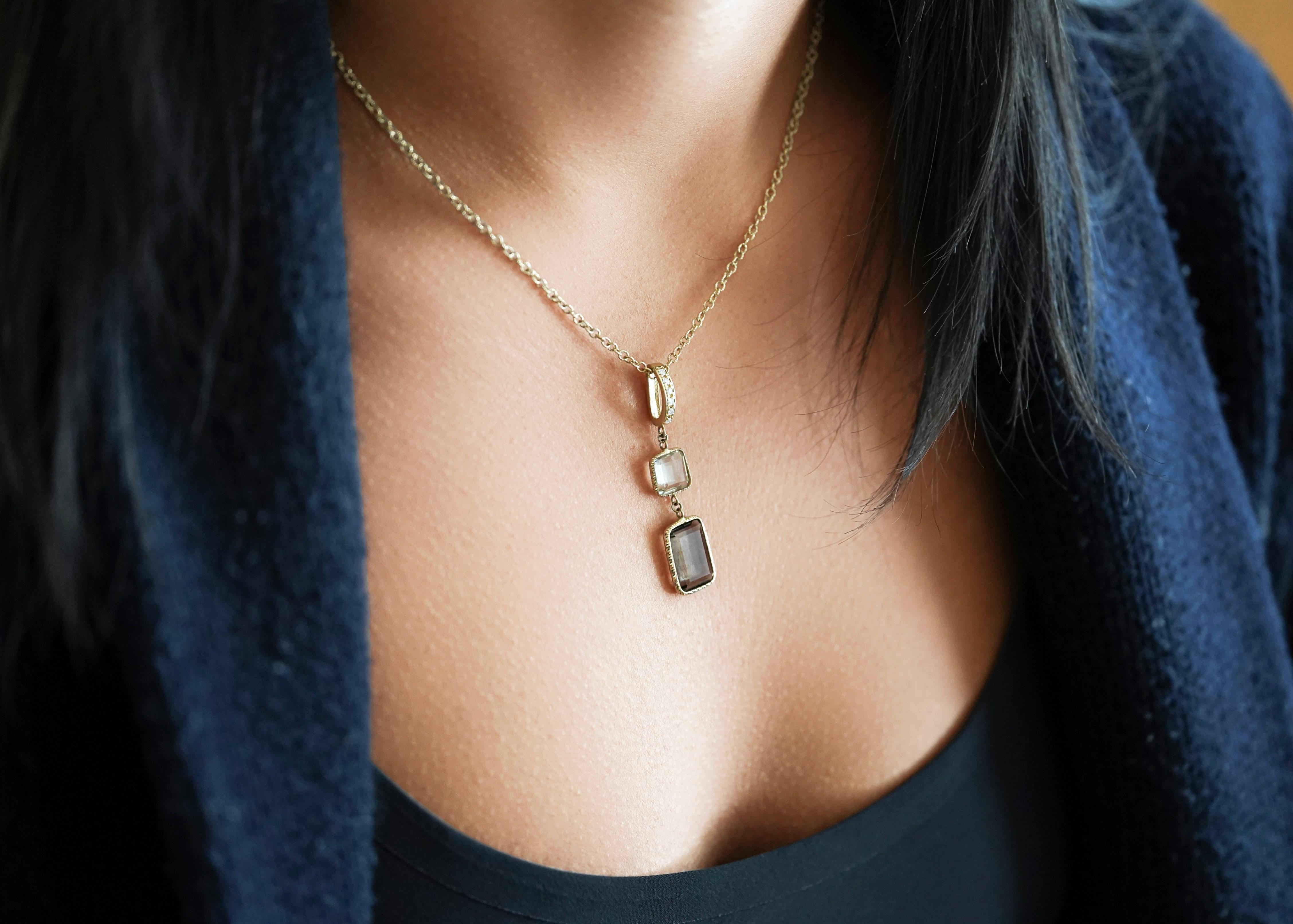 da uomo o donna Collana a due pietre in oro giallo 14K con più gemme e diamanti - Made in Italy in vendita