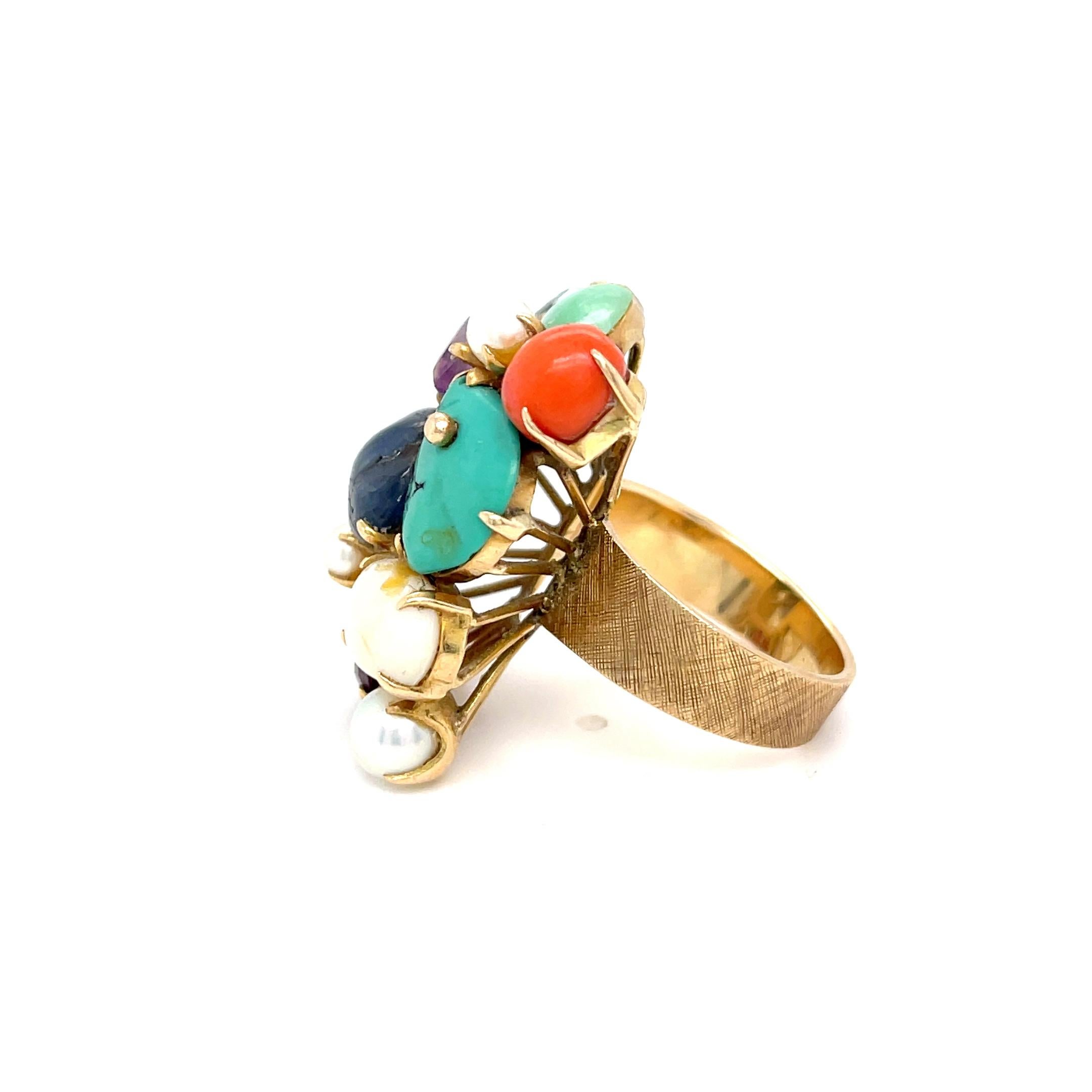 Cabochon Anello con placca di perle coltivate in oro giallo 14k, misura 7.25 12.9g in vendita