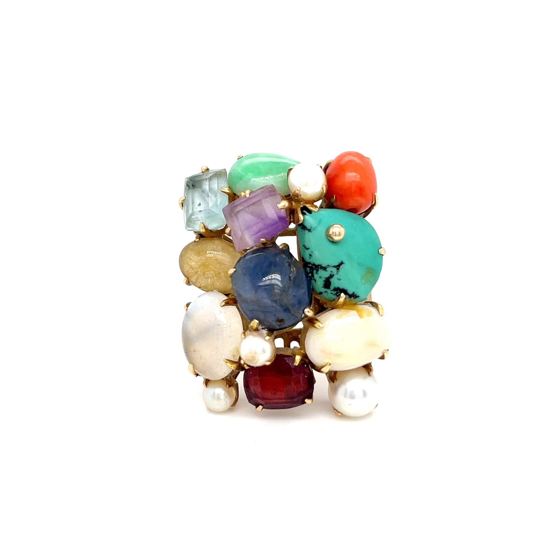 Anello con placca di perle coltivate in oro giallo 14k, misura 7.25 12.9g In condizioni buone in vendita a Sherman Oaks, CA