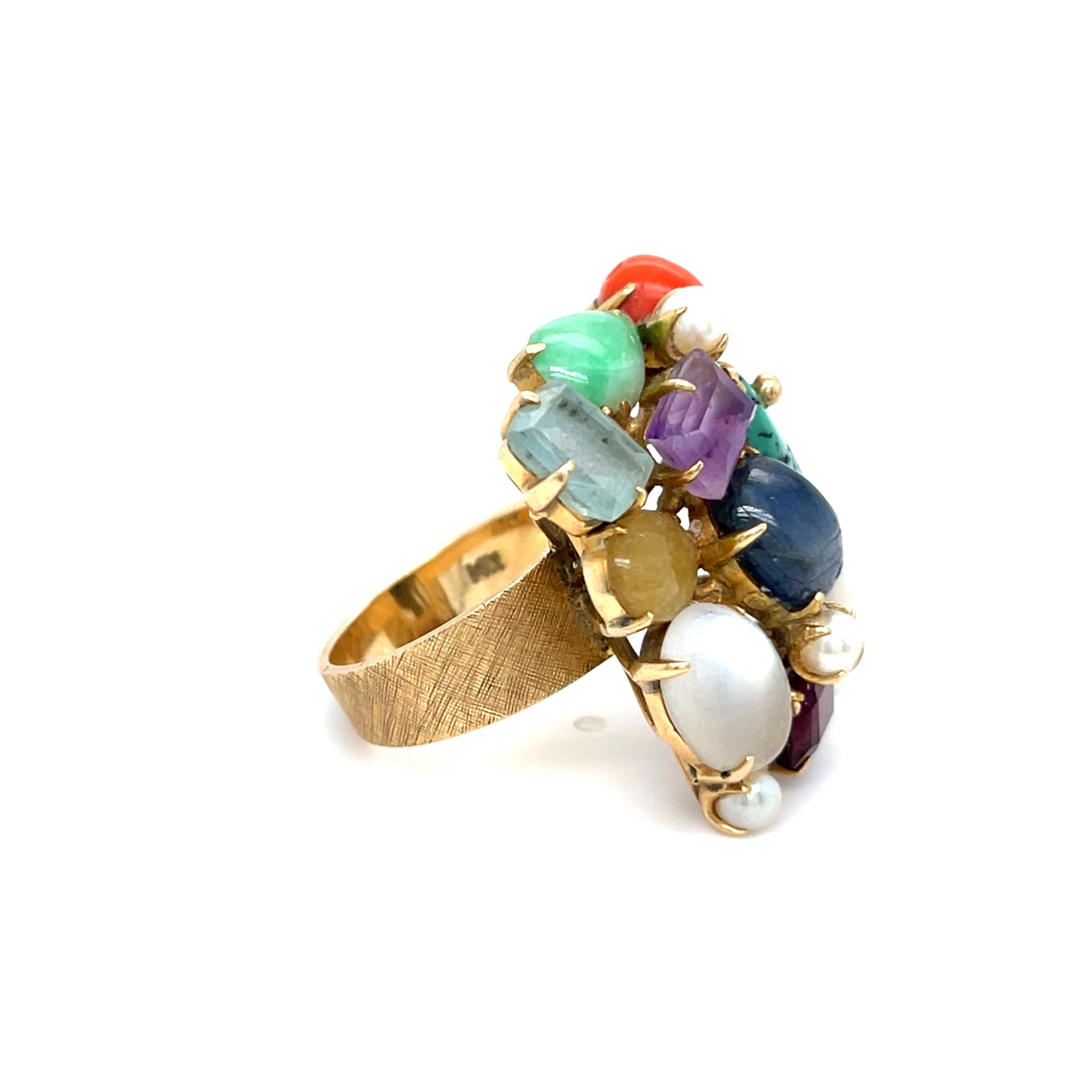 Anello con placca di perle coltivate in oro giallo 14k, misura 7.25 12.9g in vendita 1