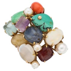 14k Gelbgold Multi-Gem Zuchtperlen-Plakette-Ring Größe 7,25 12,9g