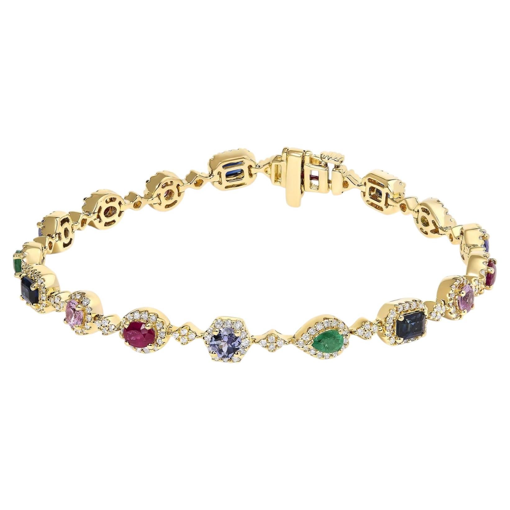 Bracciale a maglie arcobaleno con pietre multiple e diamanti in oro giallo 14K
