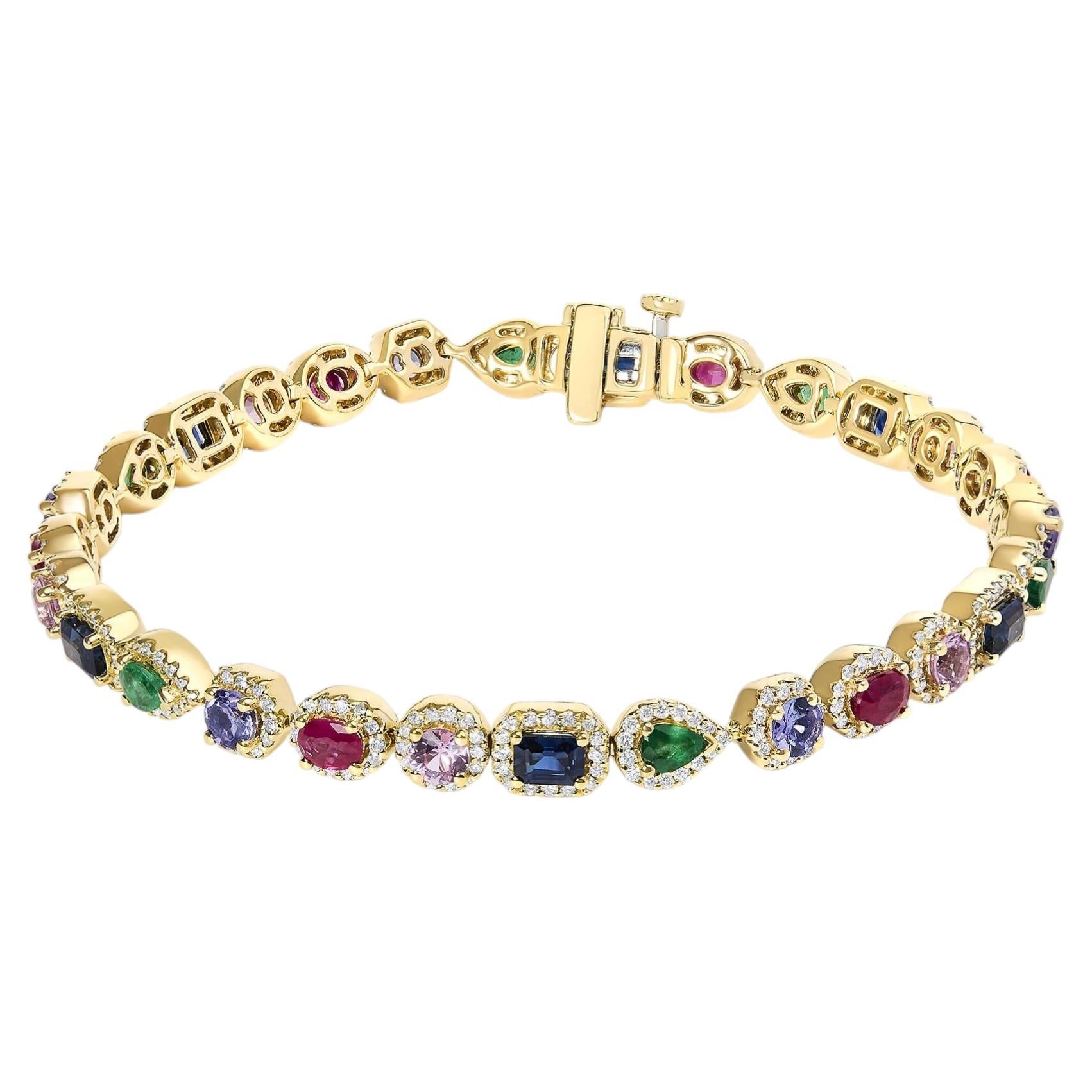 Bracciale da Tennis Rainbow in oro giallo 14K con pietre multiple e diamanti a raggiera