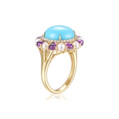 14K Yellow Gold Multi-Gemstone Cluster Ring Featuring Turquoise, Amethyst