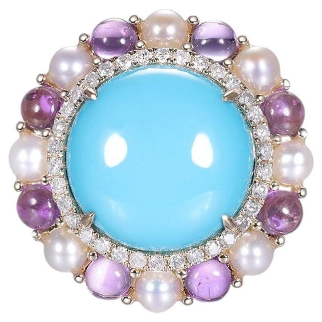 14K Yellow Gold Multi-Gemstone Cluster Ring Featuring Turquoise, Amethyst
