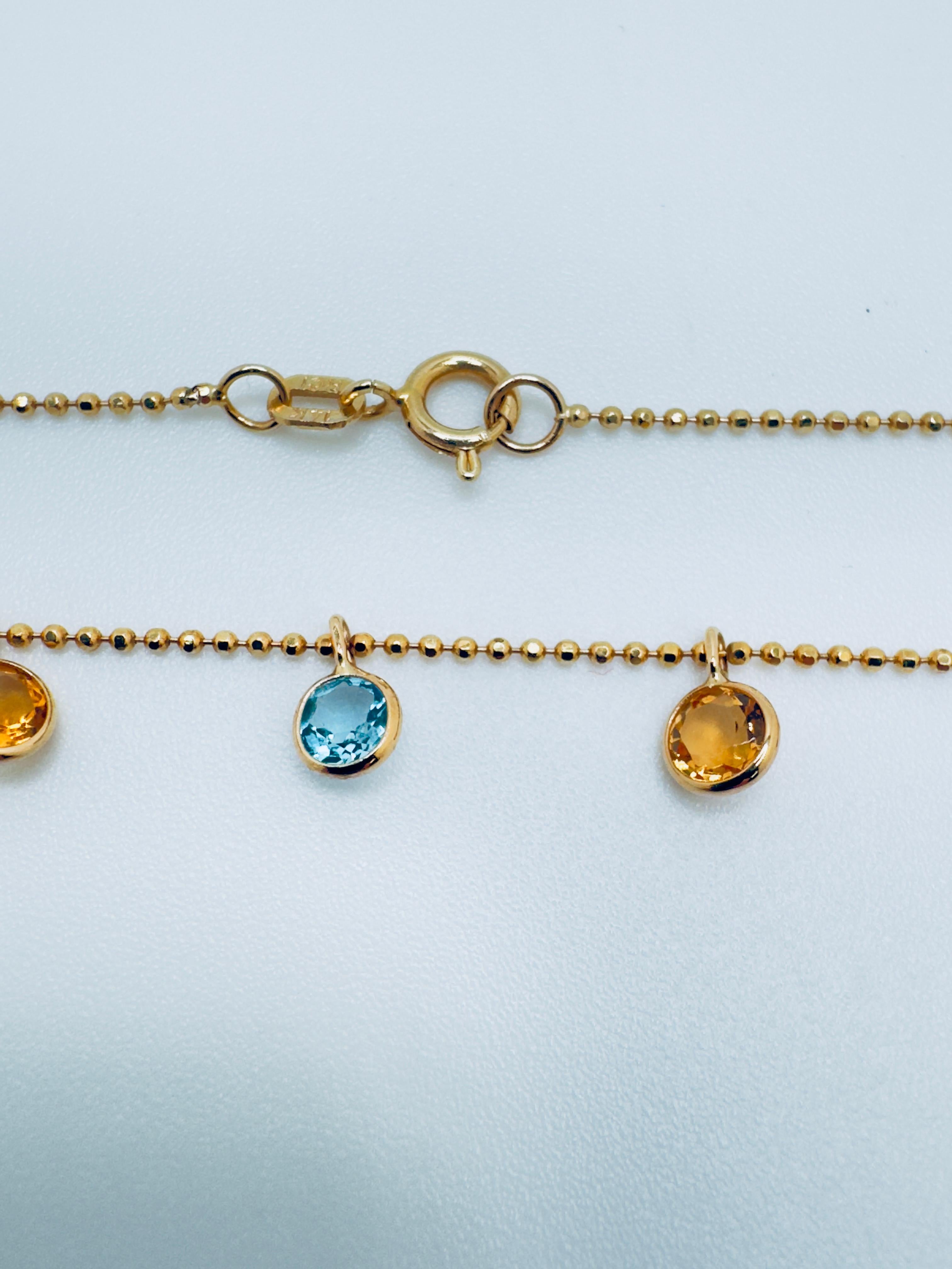Round Cut 14K Yellow Gold Multi-Gemstone Dangle Necklace For Sale