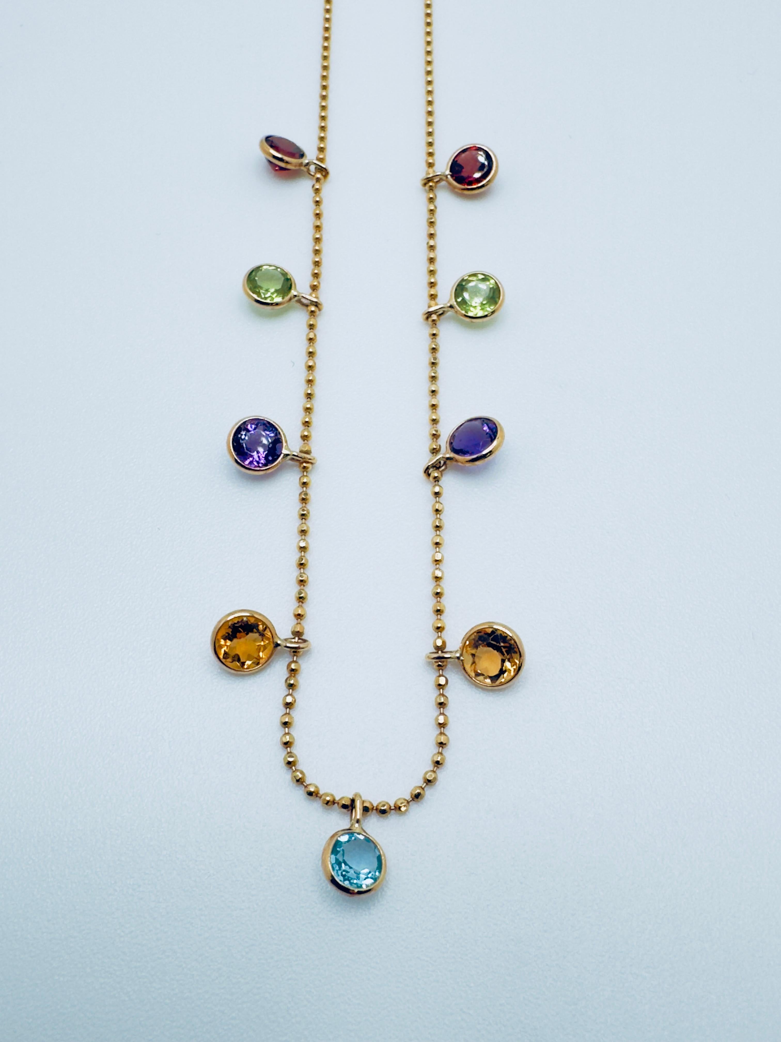 14K Yellow Gold Multi-Gemstone Dangle Necklace For Sale 2