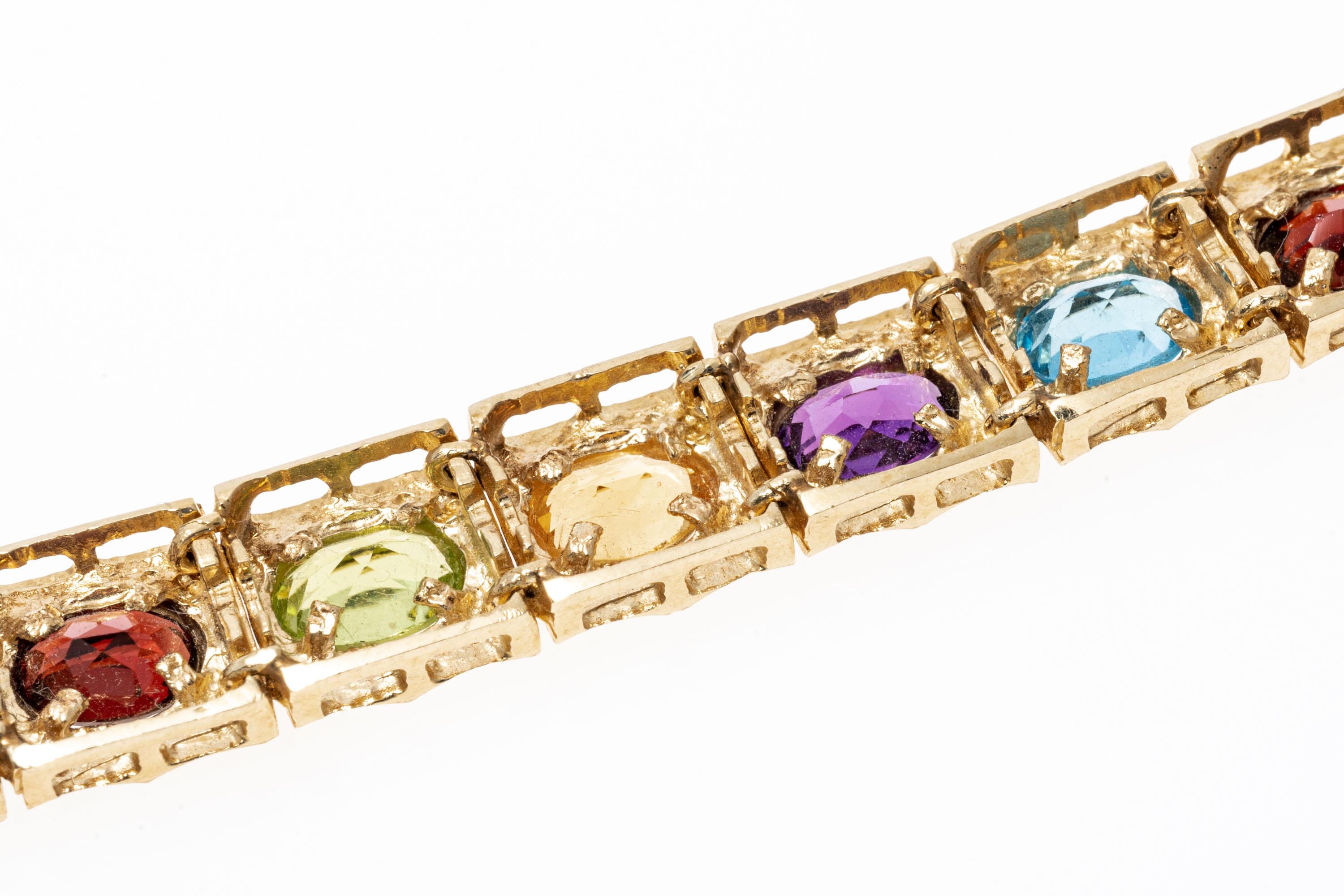 14K Yellow Gold Citrine, Amethyst, Blue Topaz, Garnet and Peridot Line Bracelet For Sale 2