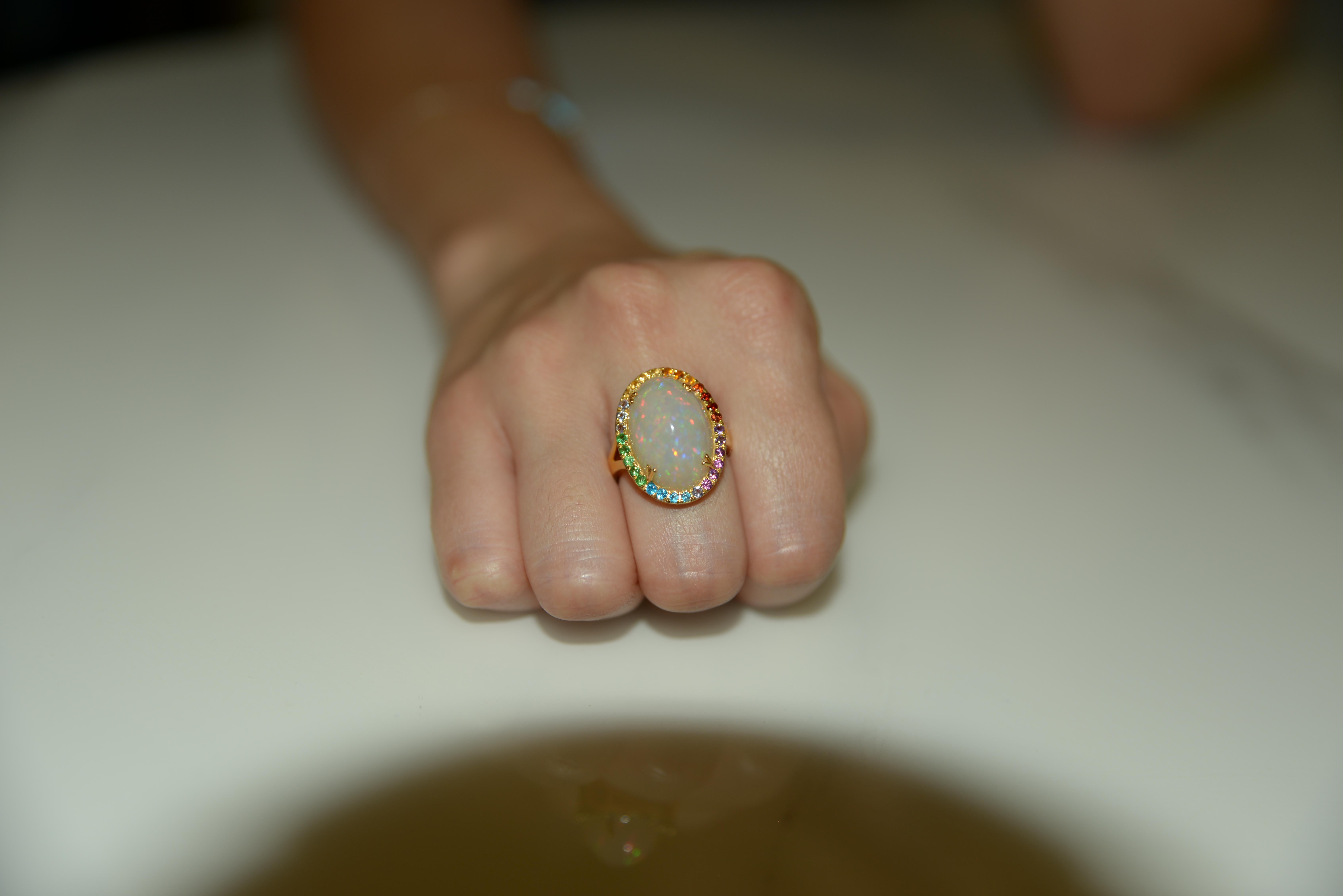 Oval Cut 14K Yellow Gold Multi Gemstone Opal Ring