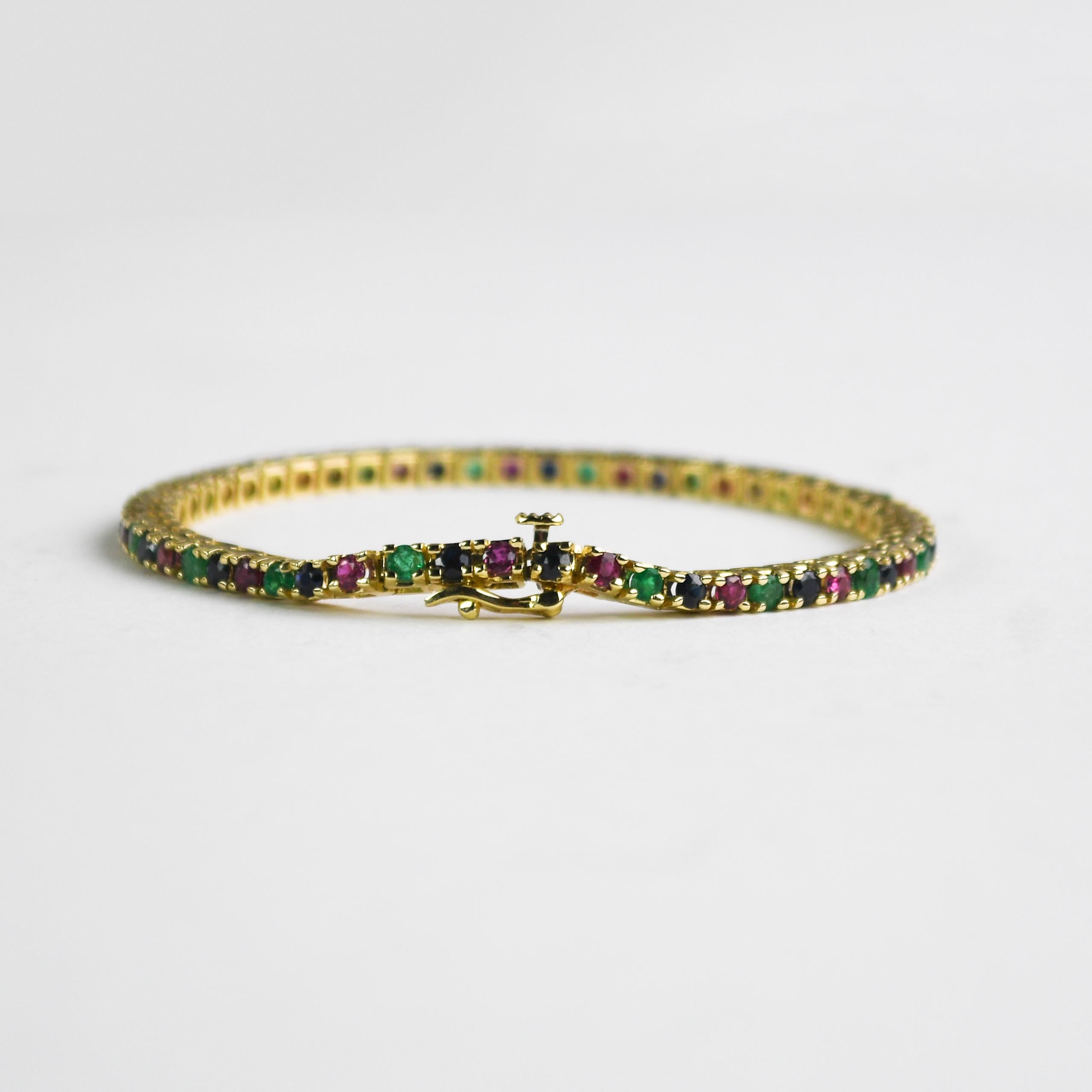 Round Cut 14K Yellow Gold Multi-Gemstone Tennis Bracelet 11.3g For Sale
