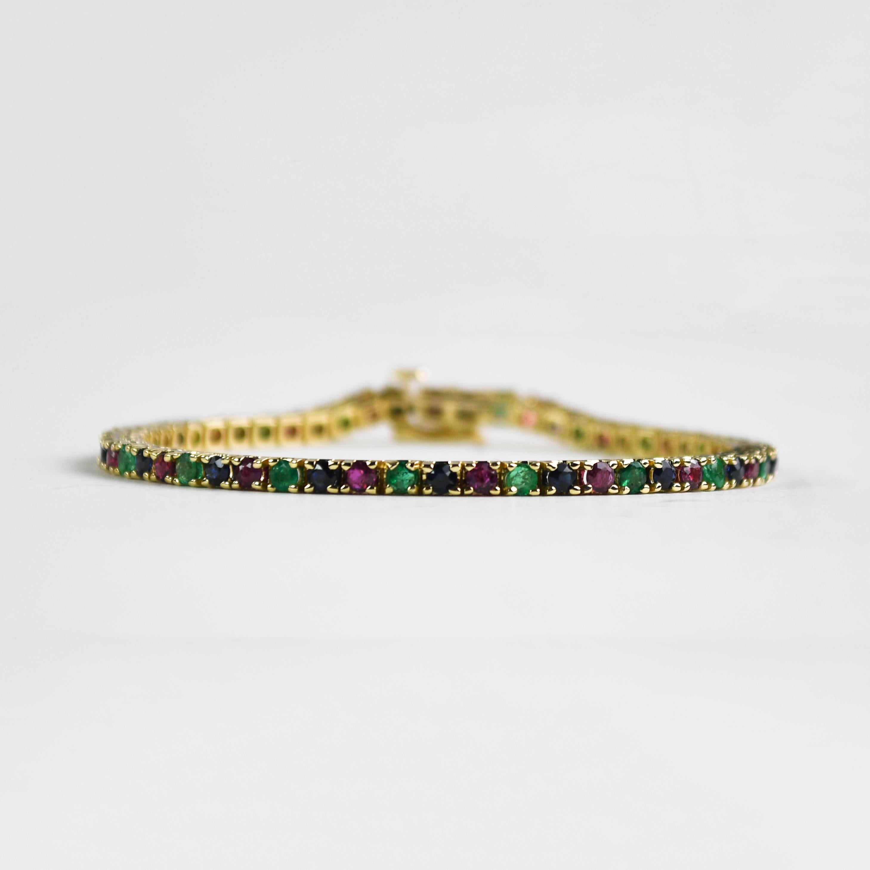 Women's or Men's 14K Yellow Gold Multi-Gemstone Tennis Bracelet 11.3g For Sale