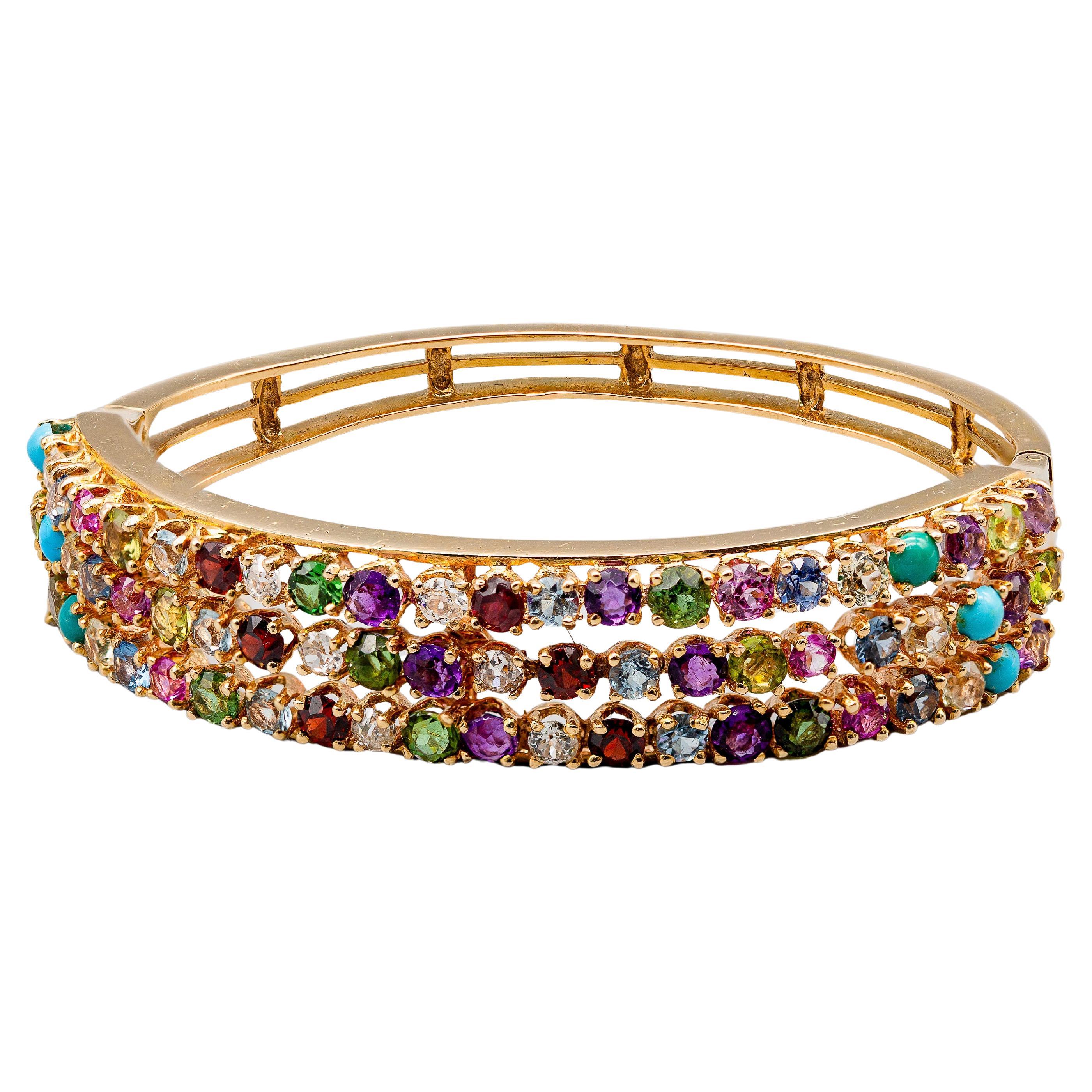 14k Yellow Gold Multi Gemstone Wide Bracelet