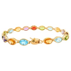14k Yellow Gold Multi Genuine Colored Stone Bezel Low Profile Line Link Bracelet