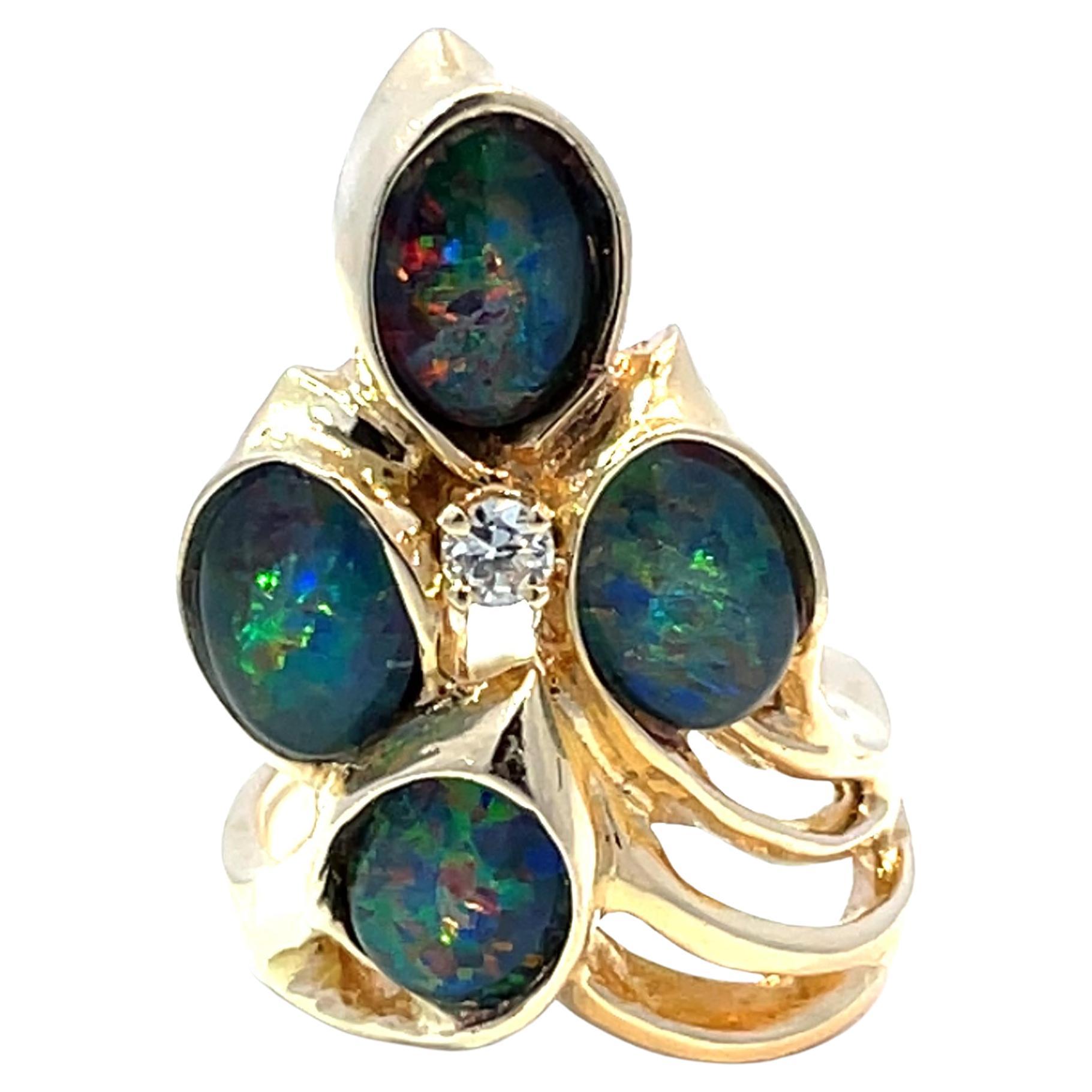 14K Yellow Gold Multi-Opal Ring with Diamond Accent