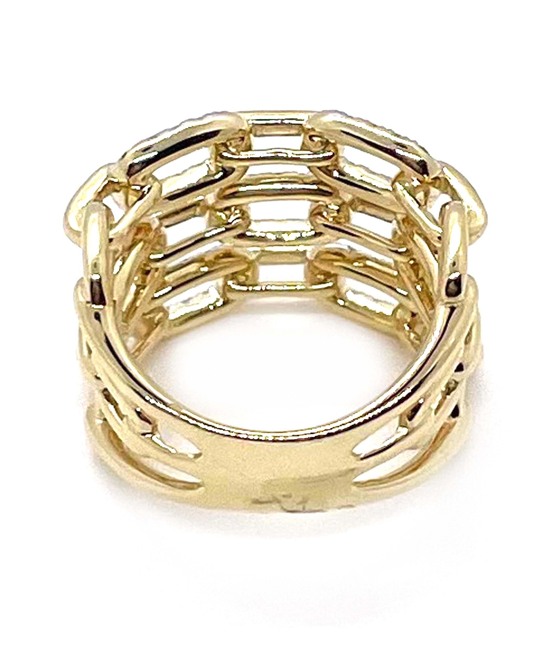 Taille ronde Bague en or jaune 14K à plusieurs rangées de diamants en forme de trombone en vente