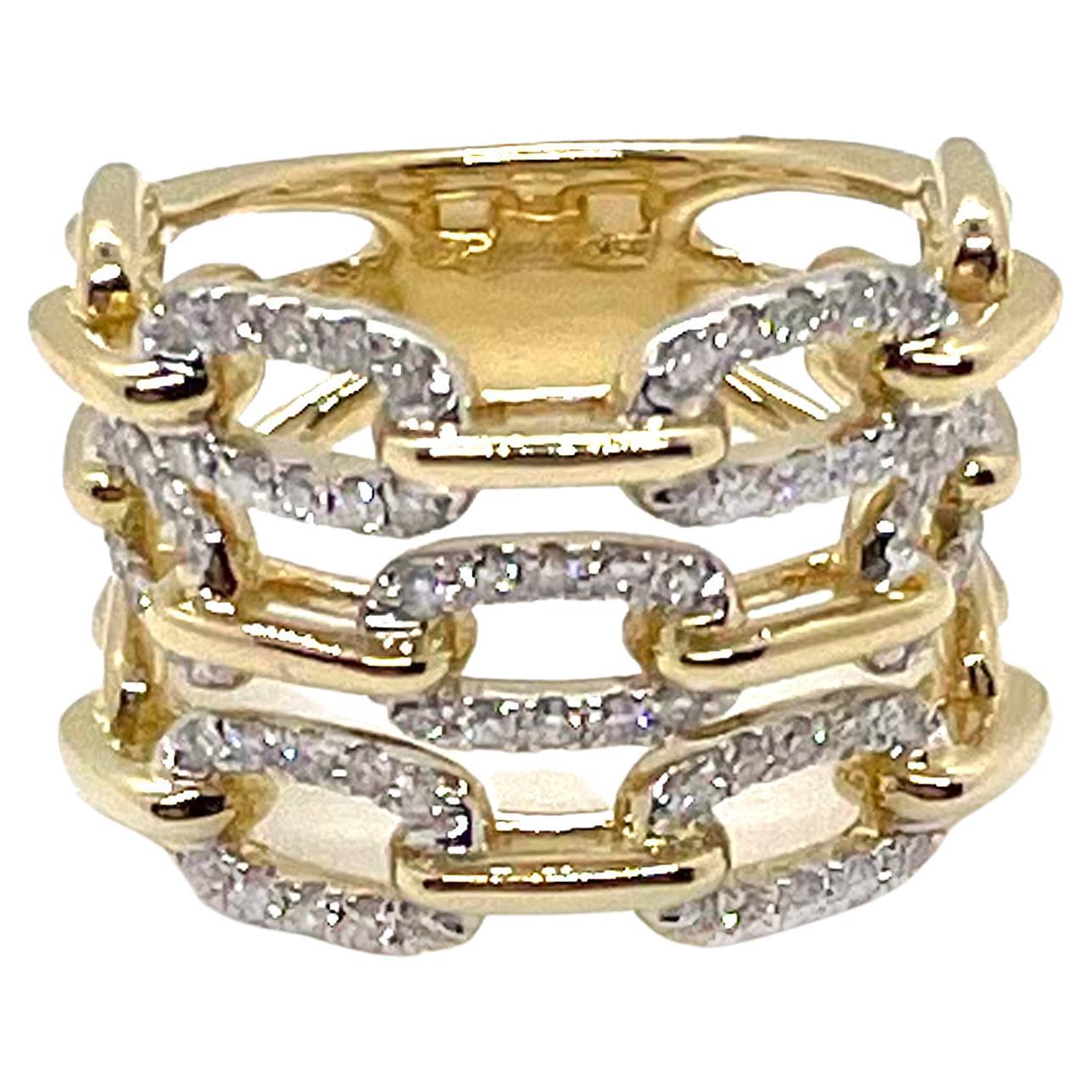 14K Yellow Gold Multi Row Paperclip Link Diamond Ring For Sale
