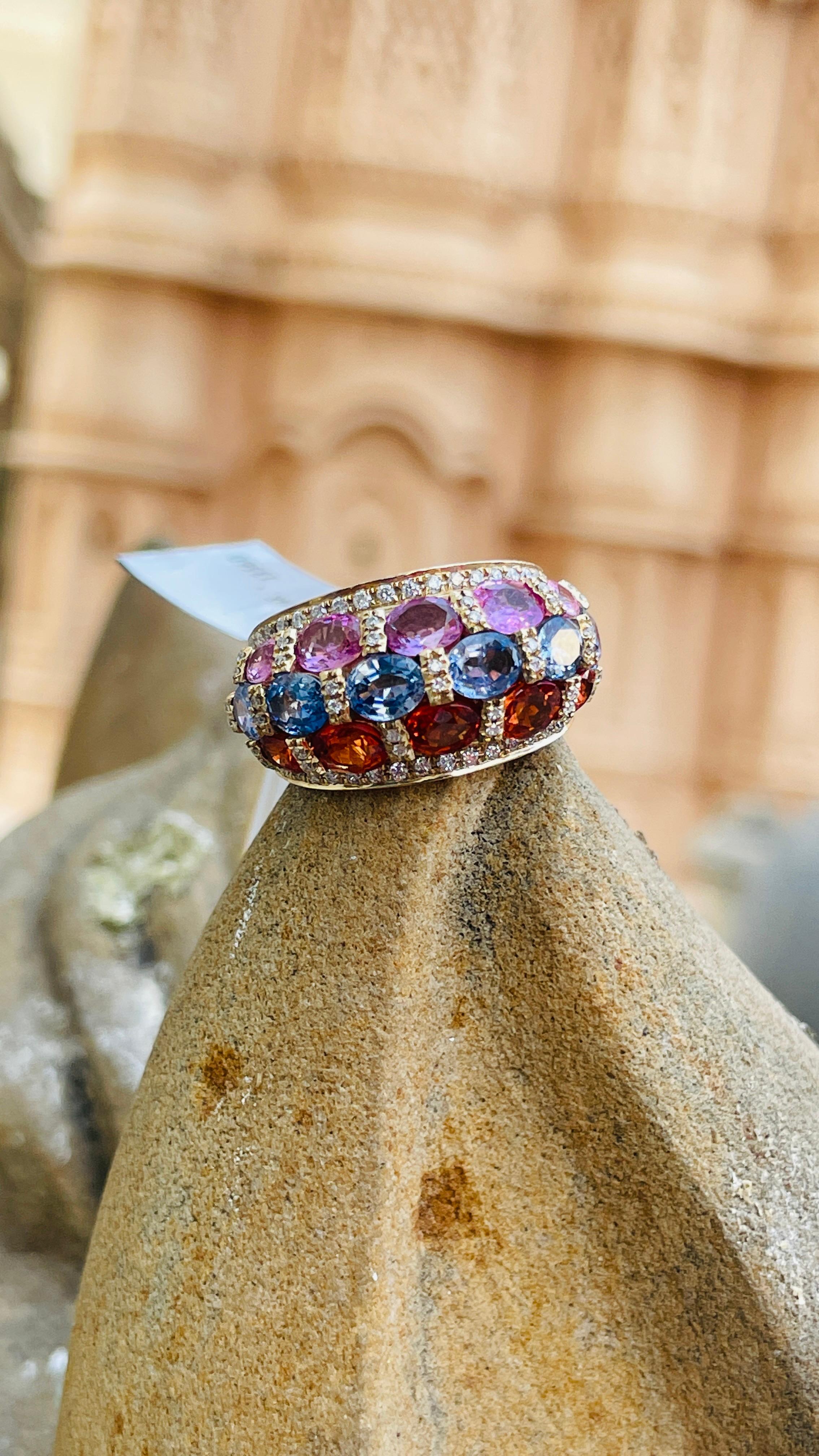 For Sale:  14K Yellow Gold Multi Sapphire and Diamond Wedding Ring 2