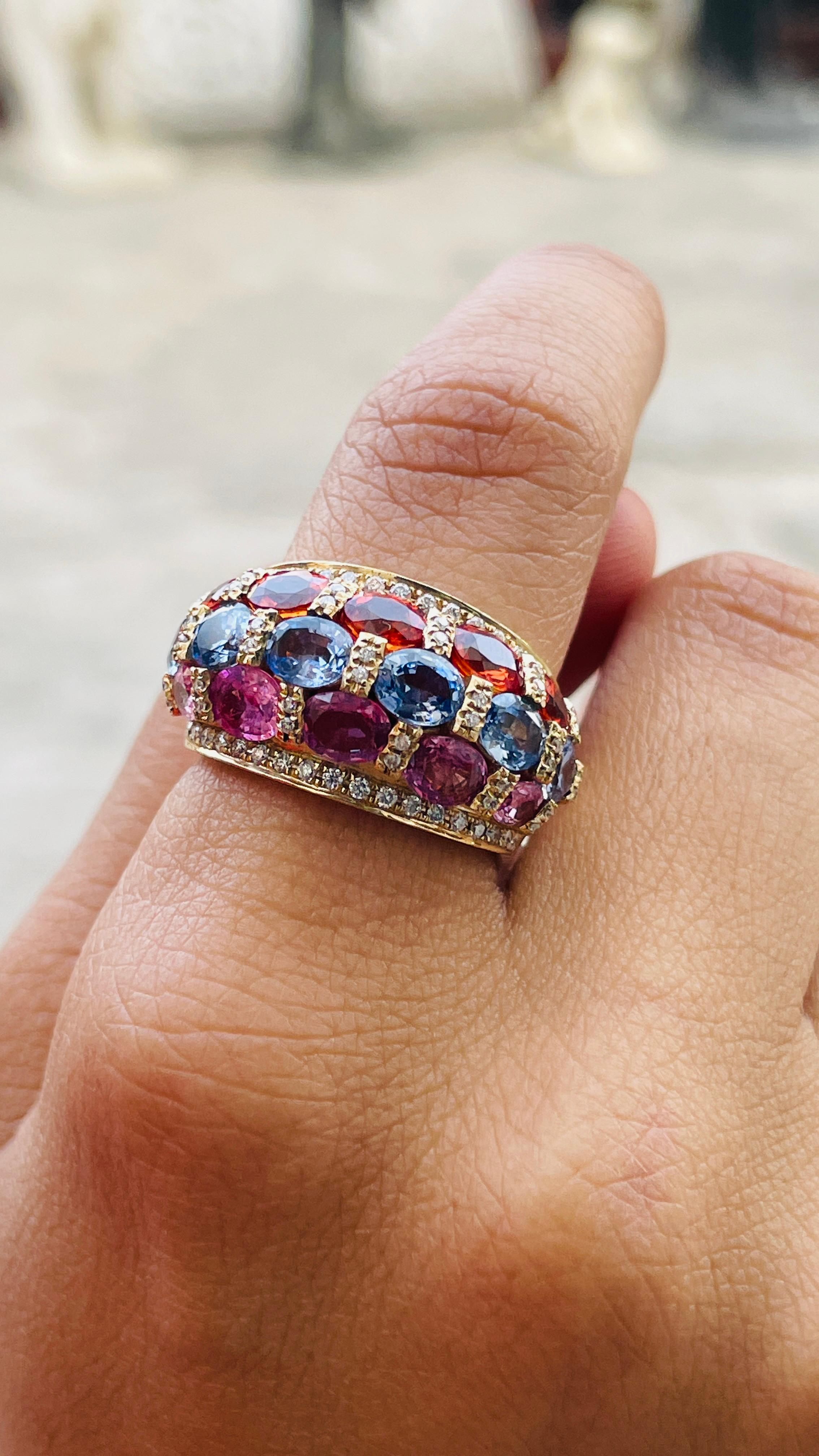 For Sale:  14K Yellow Gold Multi Sapphire and Diamond Wedding Ring 6