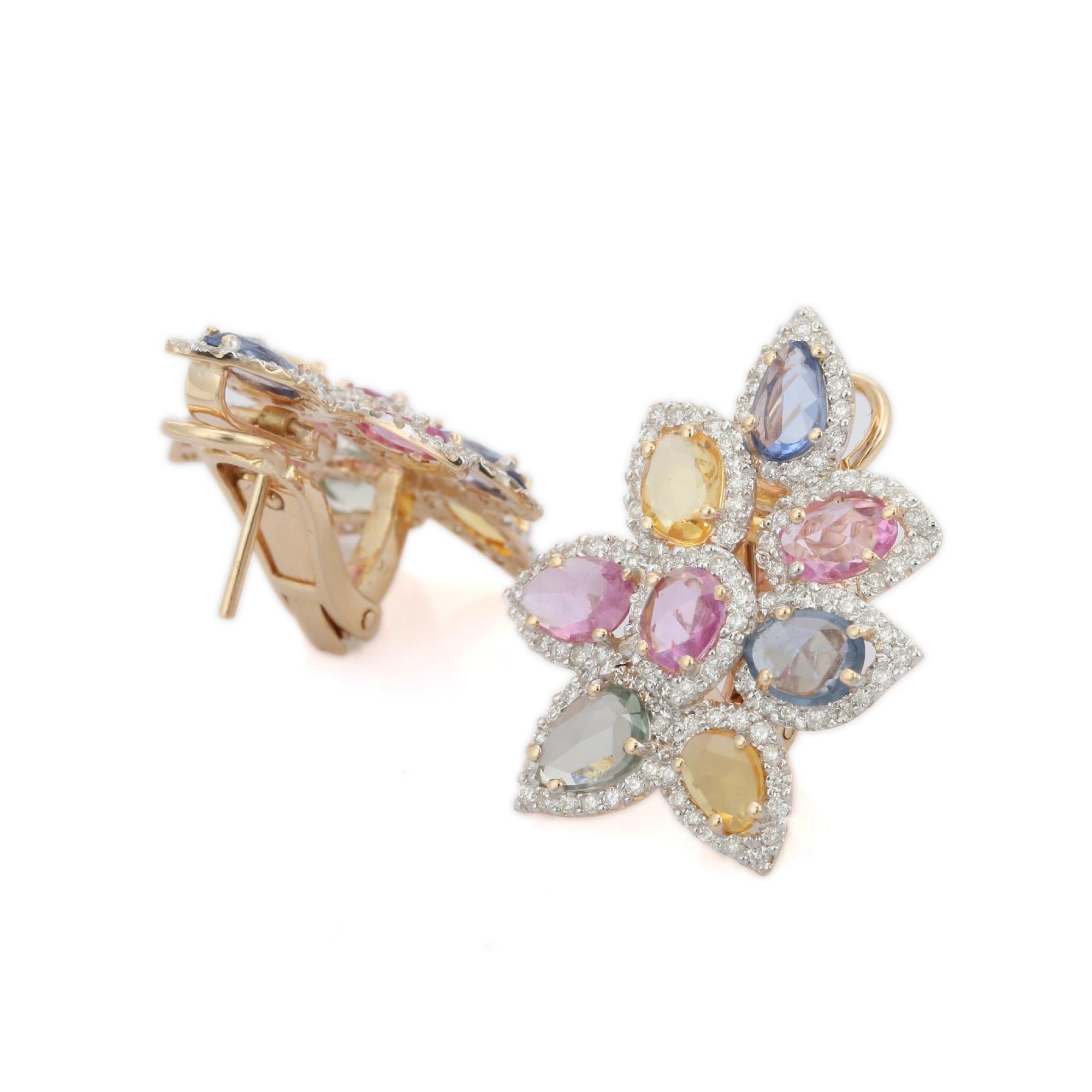Modern 14k Solid Yellow Gold Multi Sapphire and Diamond Studded Floral Stud Earrings For Sale