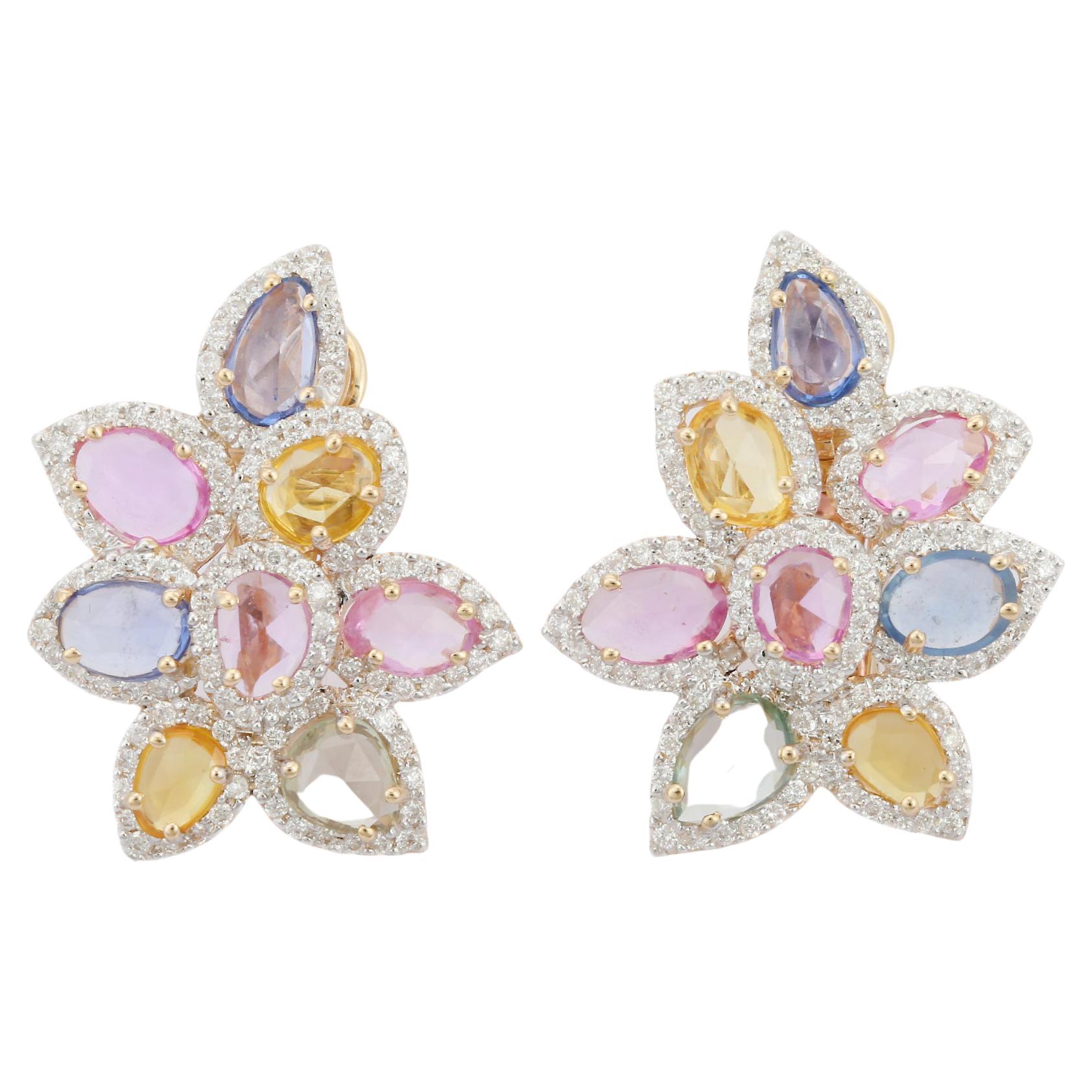 14k Solid Yellow Gold Multi Sapphire and Diamond Studded Floral Stud Earrings