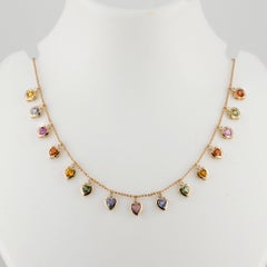 14K Yellow Gold Multi-Sapphire Necklace with 0.42 Ct Diamonds, Elegant Design