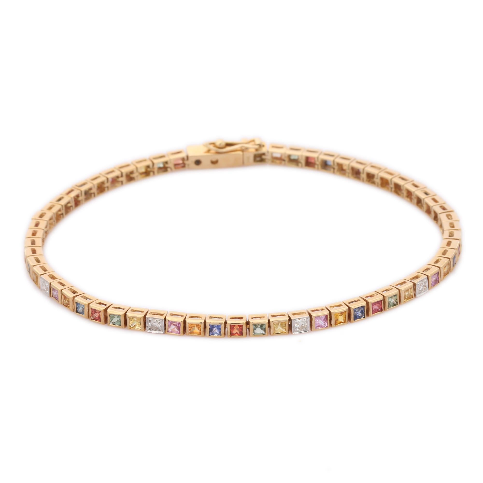 This Square Cut Multi Sapphire Tennis Bracelet in 14K gold showcases 54 endlessly sparkling natural multi sapphire, weighing 3.69 carats and 9 pieces of diamonds weighing 0.27 carat. It measures 7.25 inches long in length. 
Sapphire stimulate