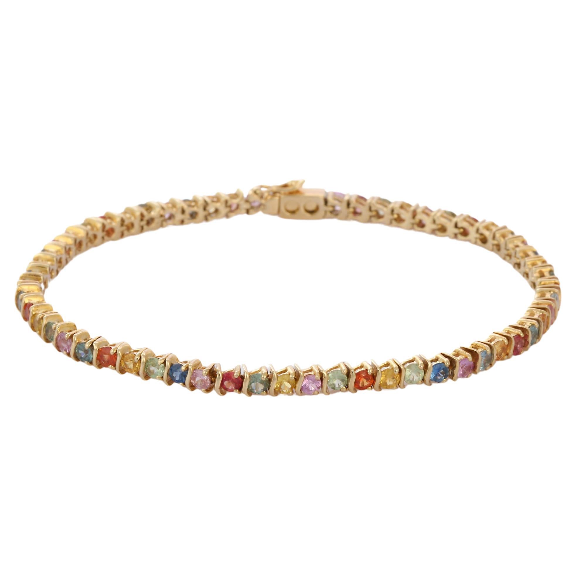 18K Yellow Gold Natural Multi Sapphire and Diamond Tennis Bracelet For ...