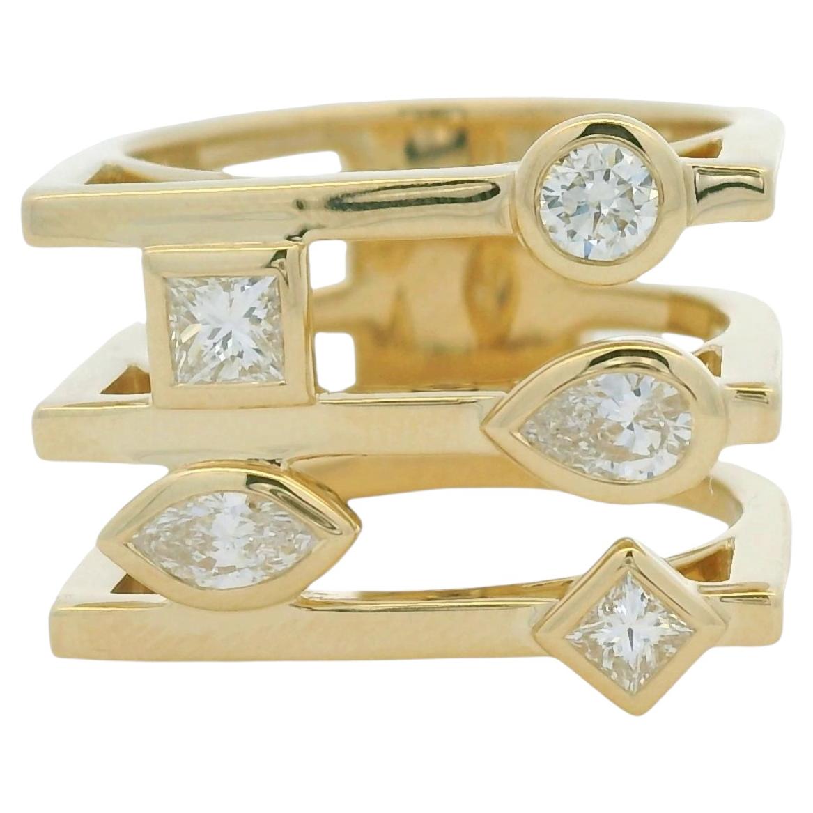 14K Yellow Gold Multi-Shape Diamond Bezel Set 3-Row Squared Off Ring In Stock