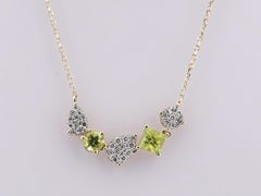 14K Yellow Gold Multi-Shape Peridot and Diamond Cluster Curved Bar Necklace