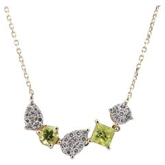 14K Yellow Gold Multi-Shape Peridot and Diamond Cluster Curved Bar Necklace
