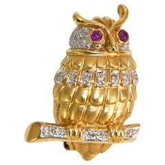 14K Yellow Gold Multi-Stone Owl Brooch