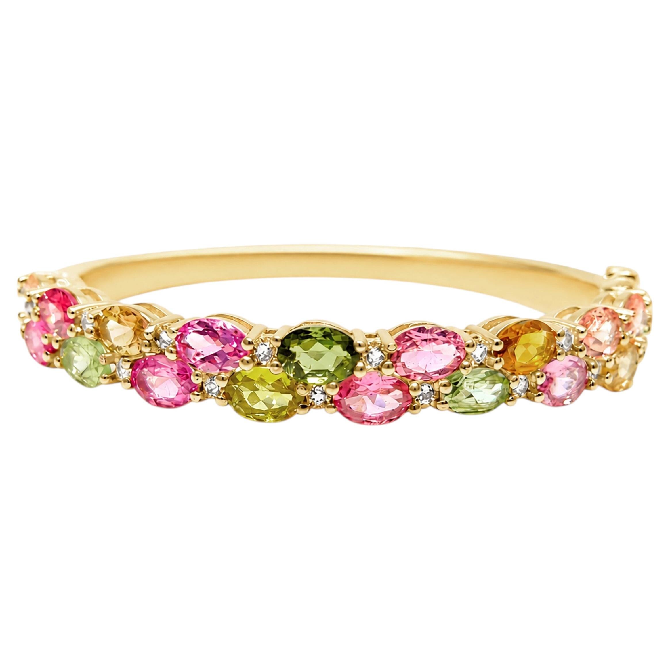 14K Yellow Gold Multi Tourmaline Topaz Bangle Bracelet, 10.0 Carat Oval Size 2.4