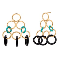 14K Yellow Gold Multicircle Black Onyx & Turquoise Dangle Earrings – 1.65 Inches