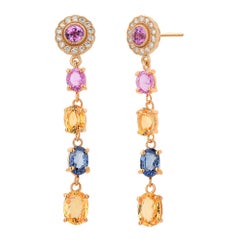 14K Yellow Gold Multicolor Ceylon Sapphire & Diamond Drop Earrings 1.70" OGI Ltd