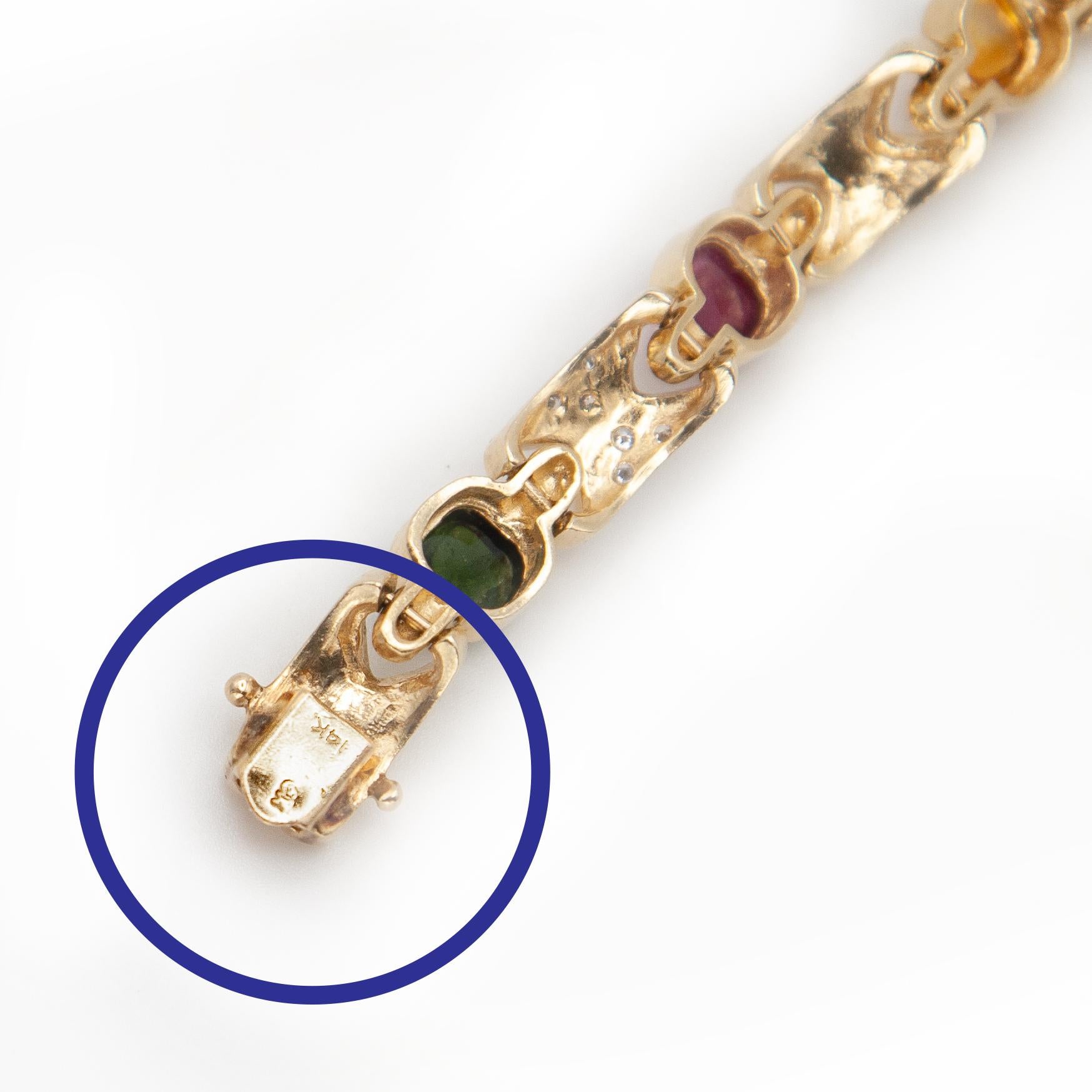 Pulsera de eslabones de oro amarillo de 14 quilates con piedras preciosas multicolores y diamantes en venta 5