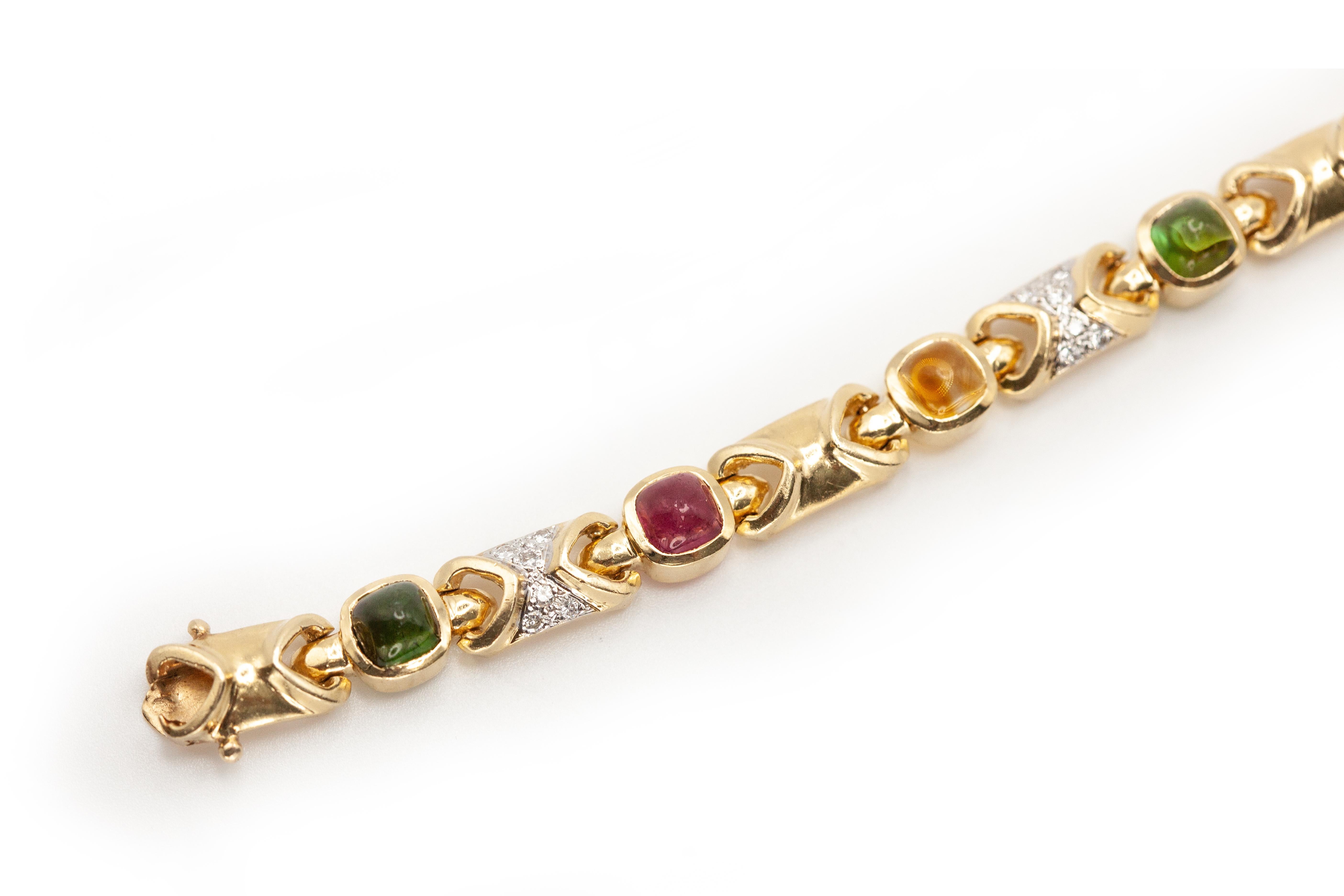 Pulsera de eslabones de oro amarillo de 14 quilates con piedras preciosas multicolores y diamantes en venta 6