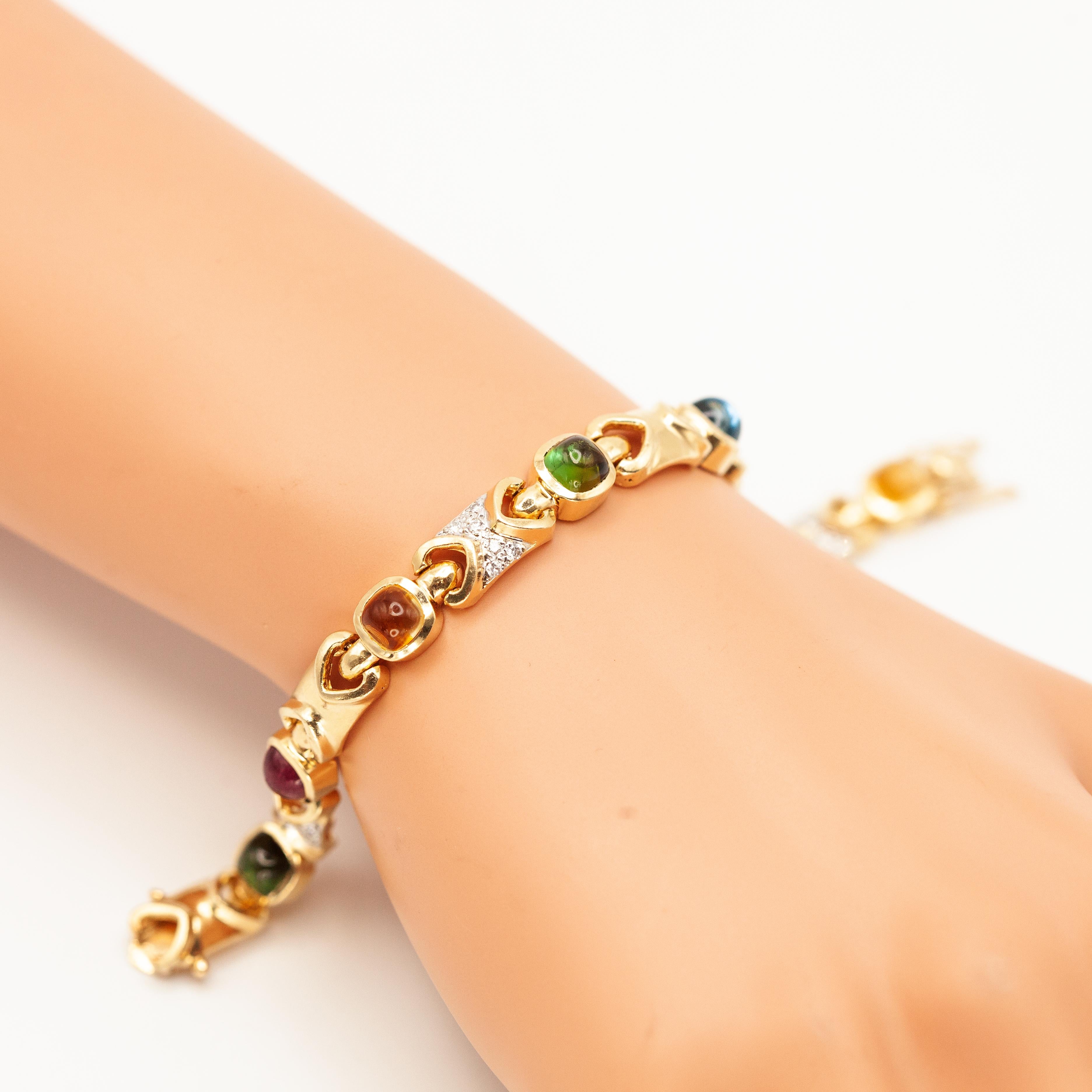 Pulsera de eslabones de oro amarillo de 14 quilates con piedras preciosas multicolores y diamantes Moderno en venta