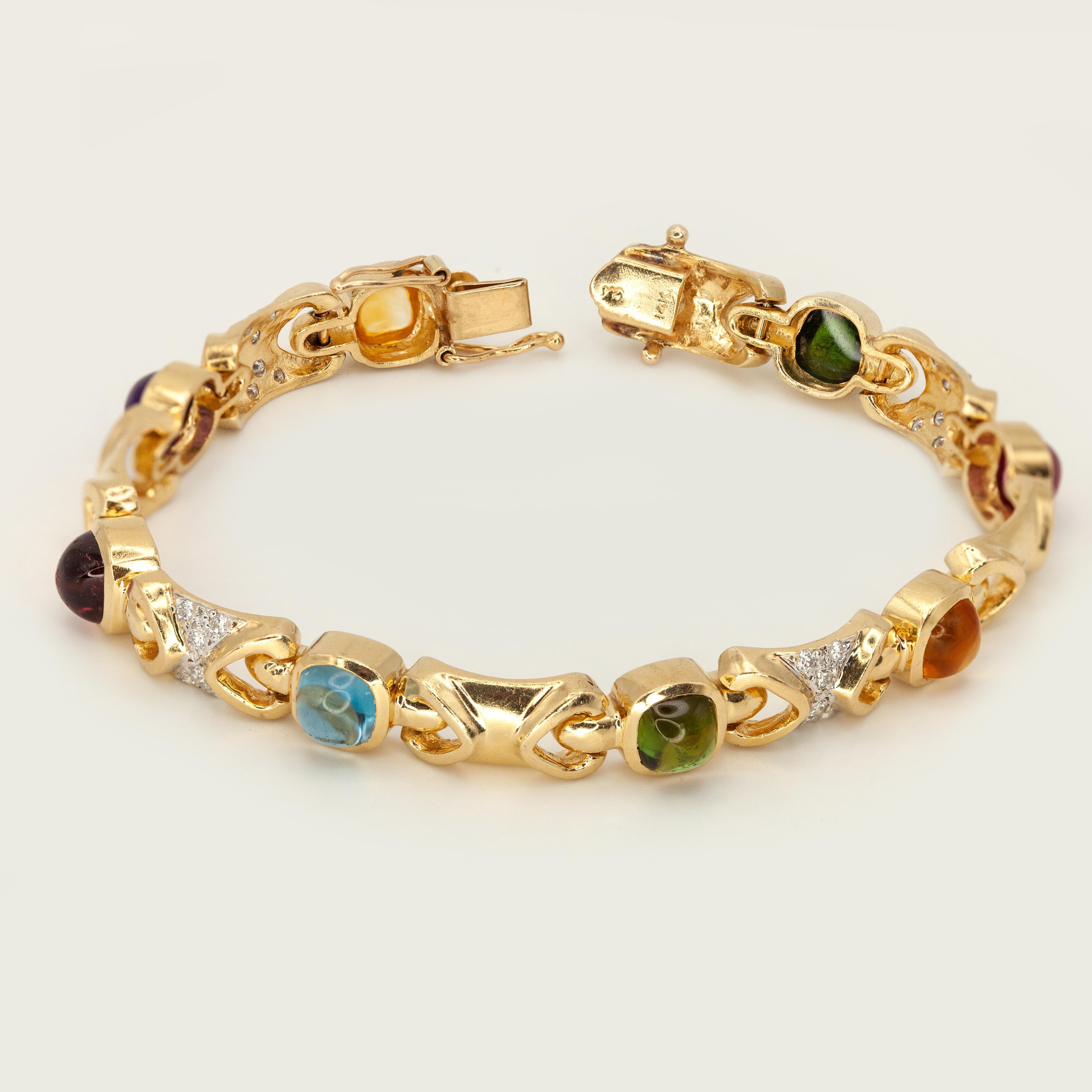 Pulsera de eslabones de oro amarillo de 14 quilates con piedras preciosas multicolores y diamantes Corte brillante en venta