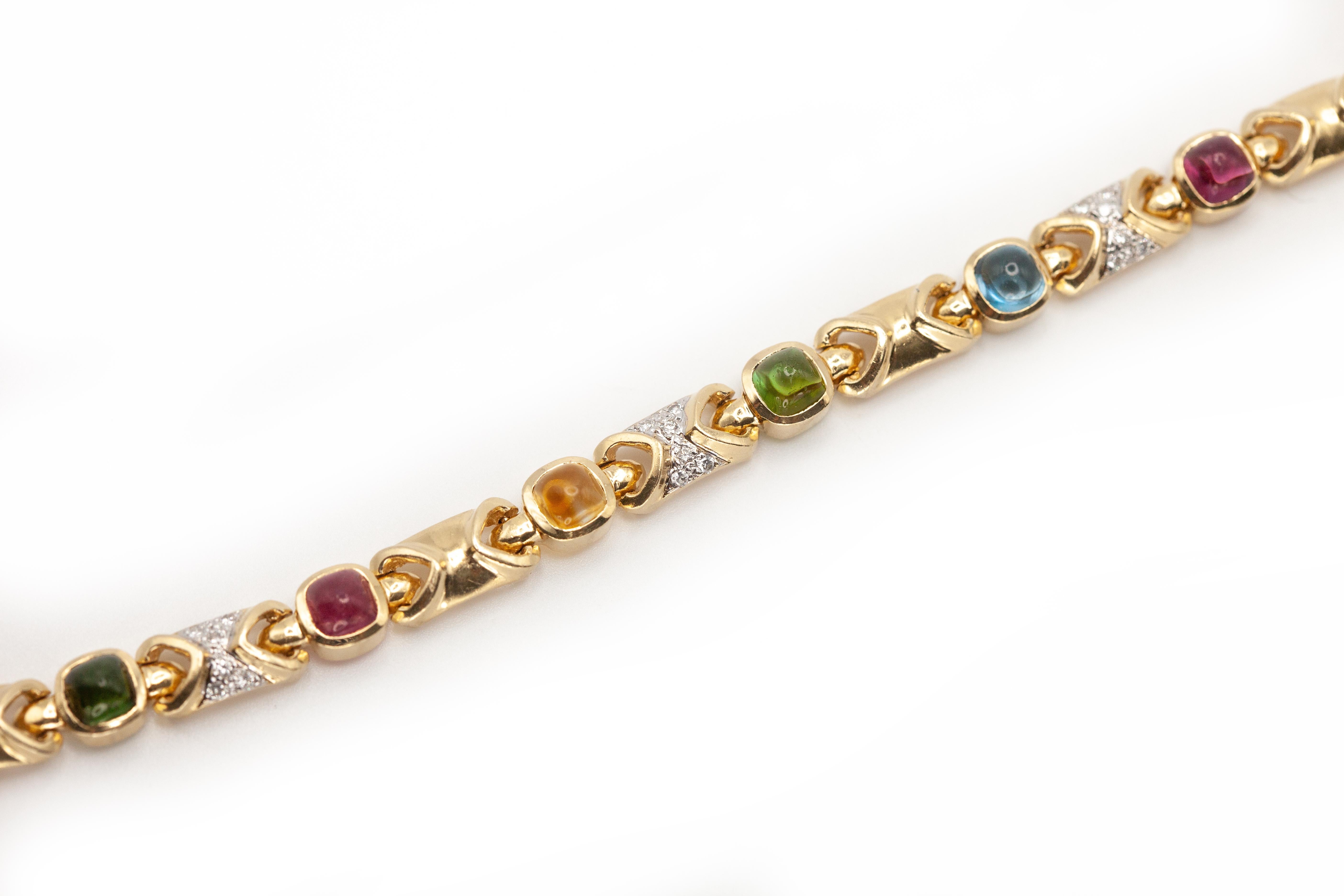 Femenino o masculino Pulsera de eslabones de oro amarillo de 14 quilates con piedras preciosas multicolores y diamantes en venta