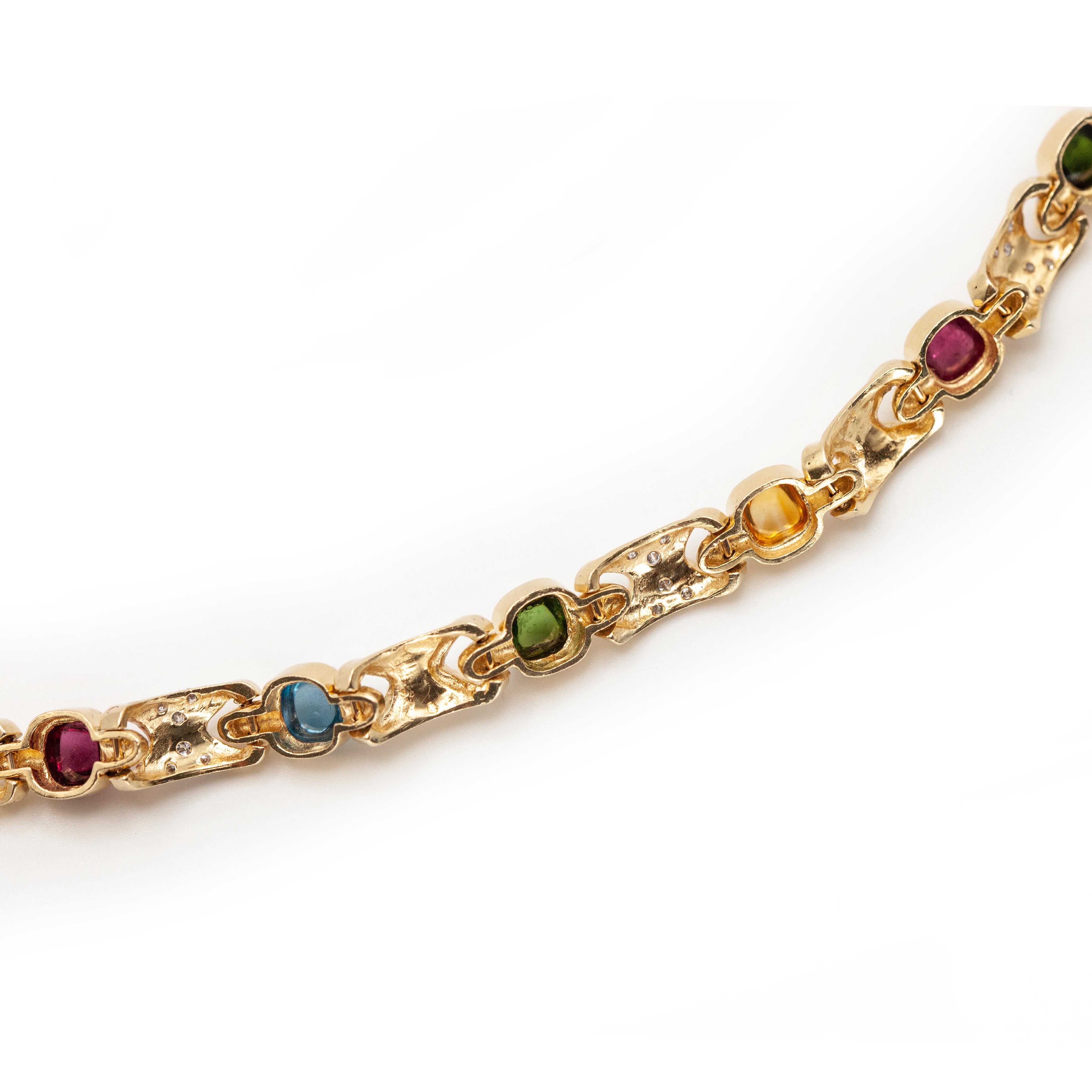 Pulsera de eslabones de oro amarillo de 14 quilates con piedras preciosas multicolores y diamantes en venta 1