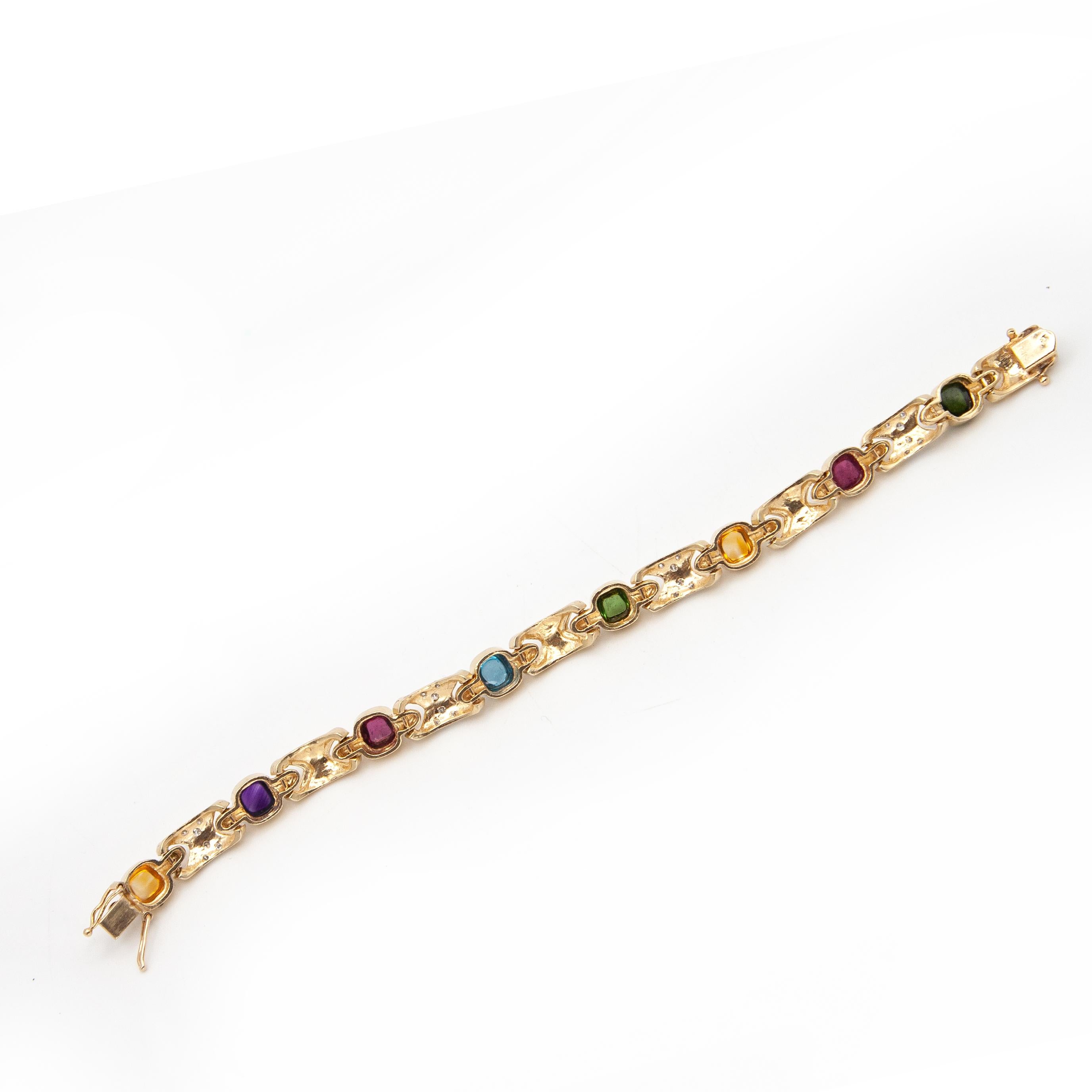 Pulsera de eslabones de oro amarillo de 14 quilates con piedras preciosas multicolores y diamantes en venta 2