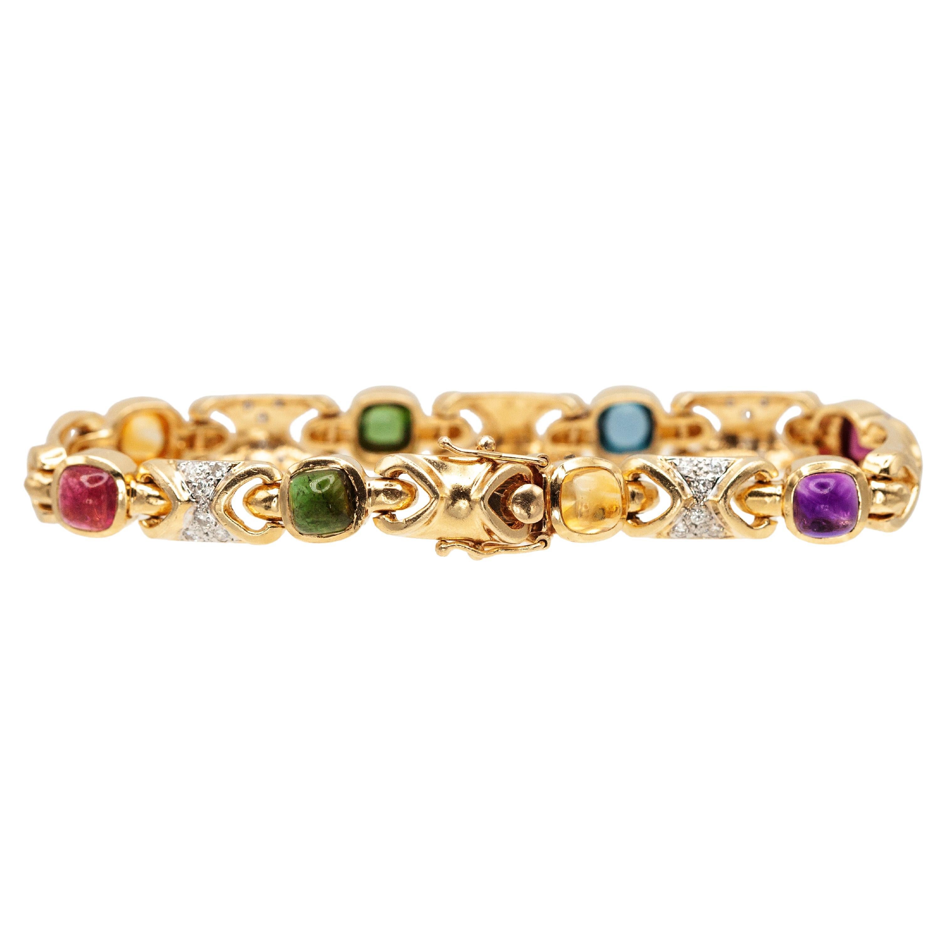 Pulsera de eslabones de oro amarillo de 14 quilates con piedras preciosas multicolores y diamantes