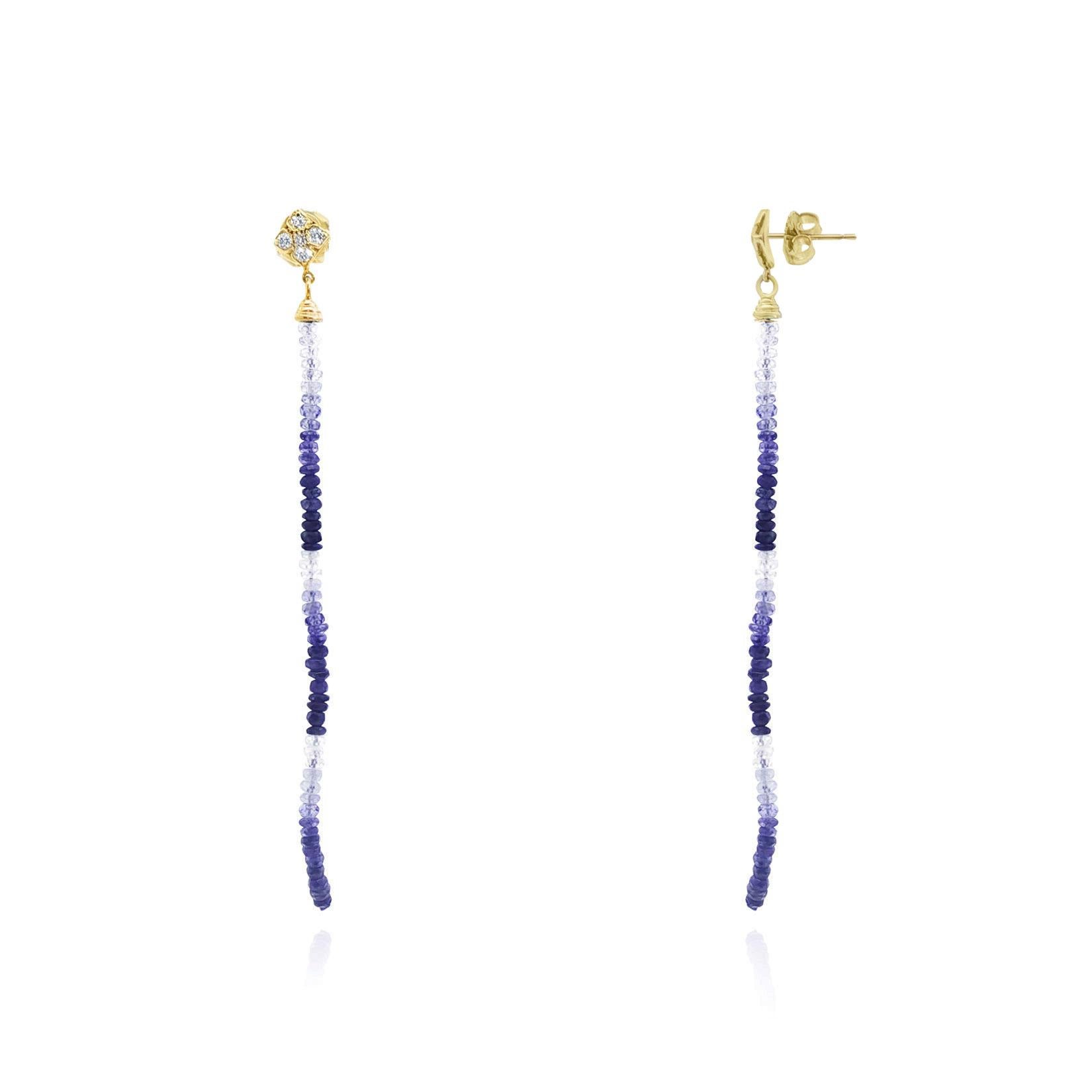 L'eleganza moderna incontra il fascino delle pietre preziose in questi splendidi orecchini a goccia con zaffiro. Caratterizzato da un sorprendente gradiente di zaffiri rotondi sfaccettati - che vanno dal blu pallido al blu profondo - ogni filo crea