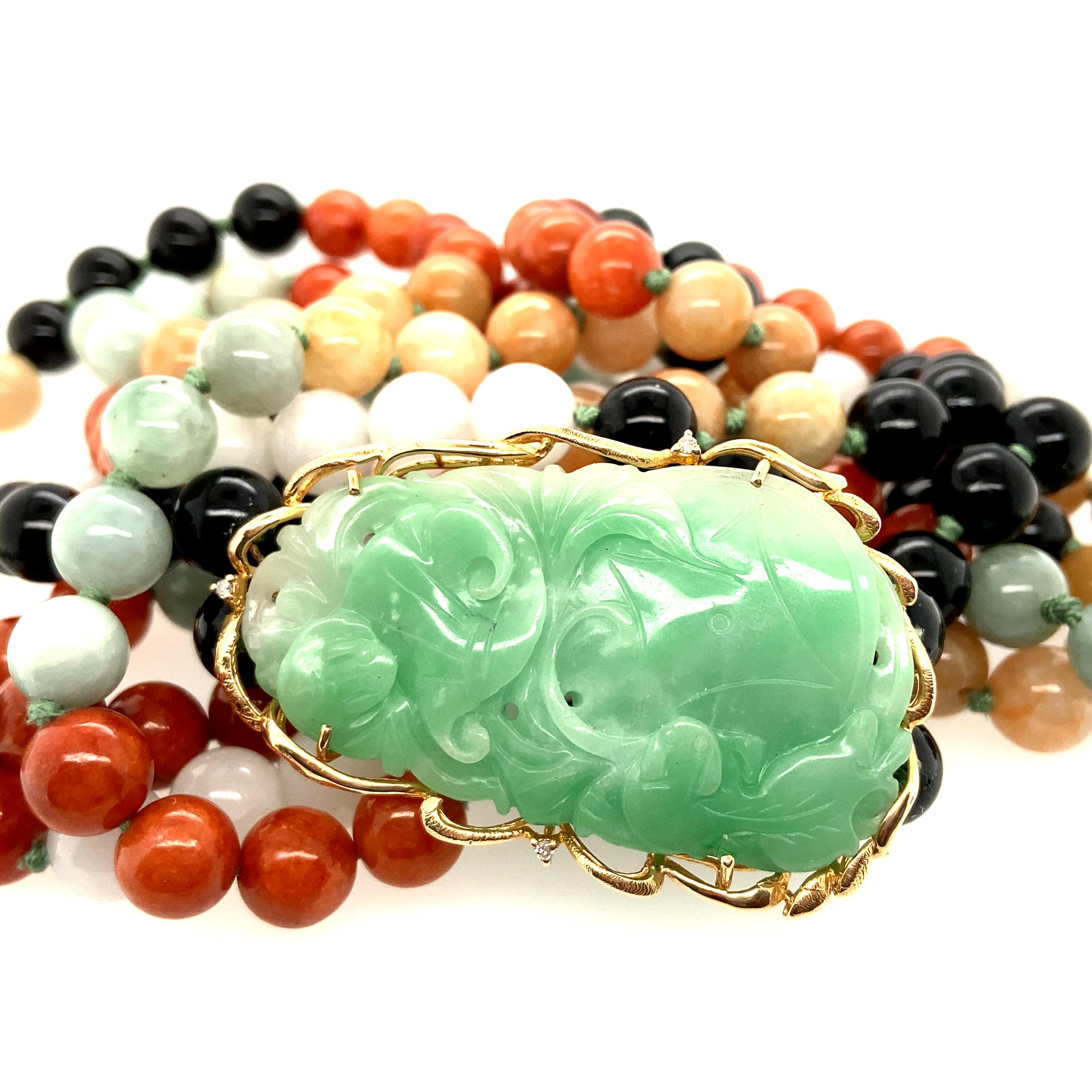 Women's or Men's 14K Yellow Gold Multicolored Jadeite Jade Bead Necklace With Carved Coy Station