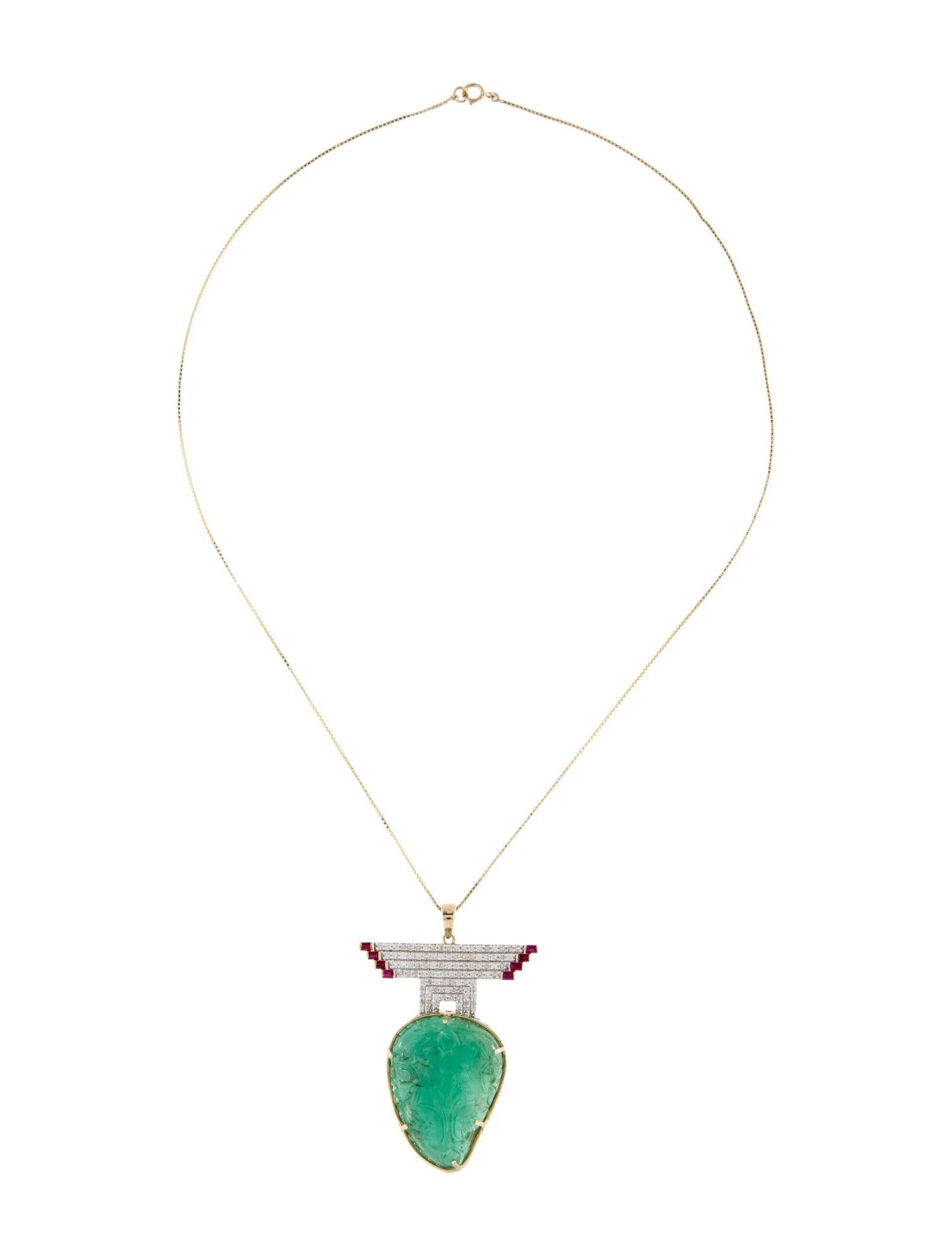 Artista Collana con ciondolo intagliato a più pietre in oro giallo 14K con rubino, diamante ed emera in vendita